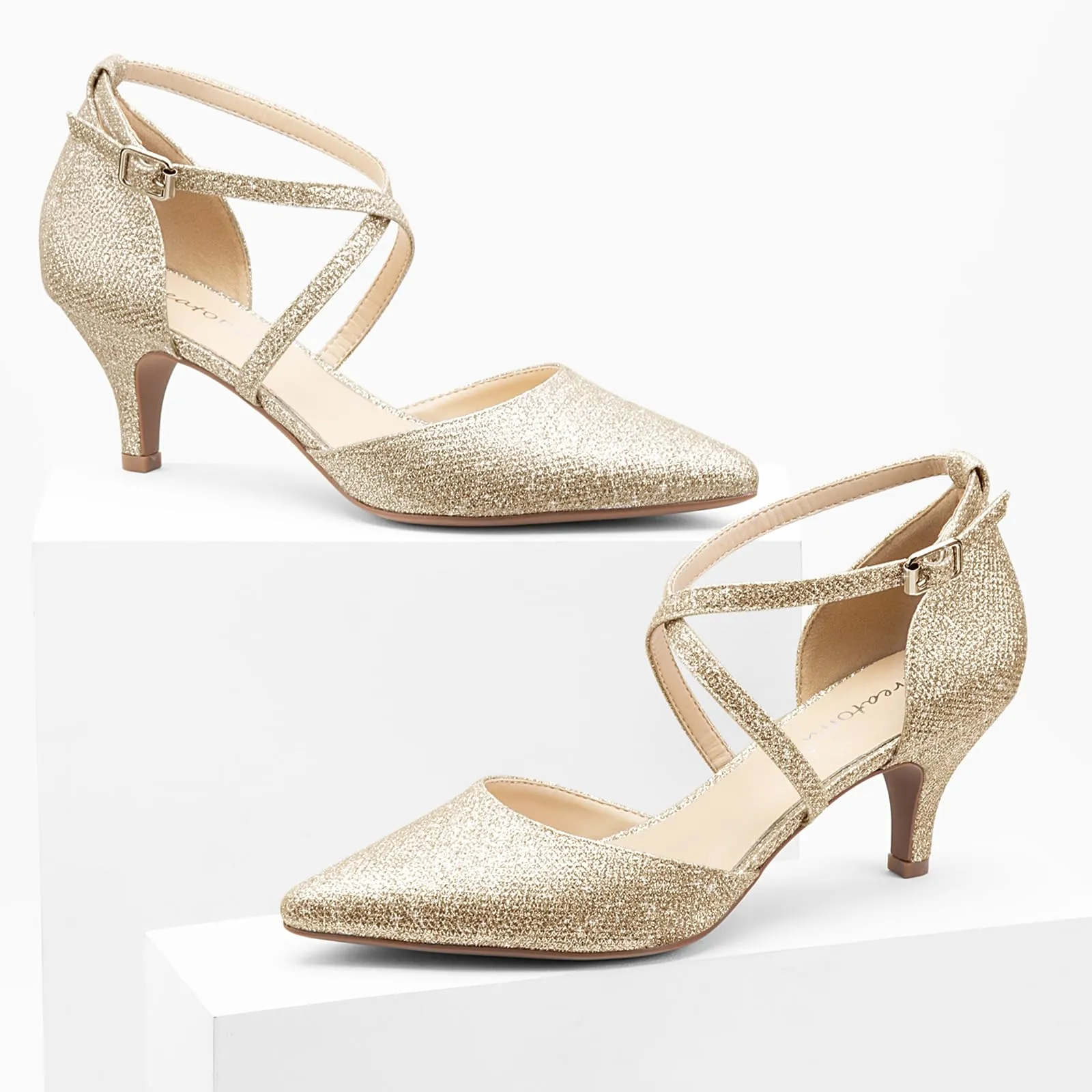 Greatonu Scarpe da Donna a Punta con Cinturino alla Caviglia e Tacco Basso, Oro Glitter, 37 EU - immagine 5