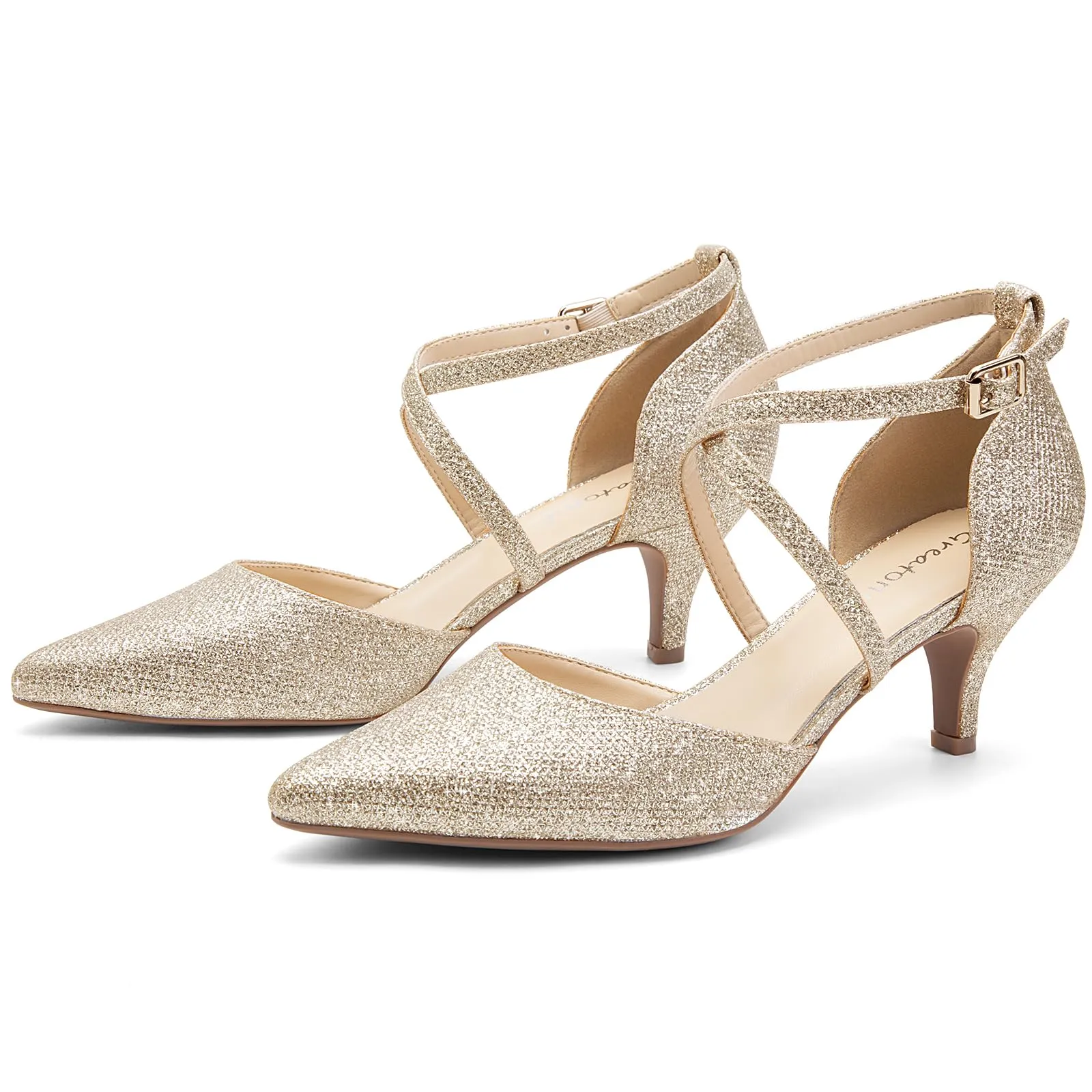 Greatonu Scarpe da Donna a Punta con Cinturino alla Caviglia e Tacco Basso, Oro Glitter, 37 EU - immagine 6