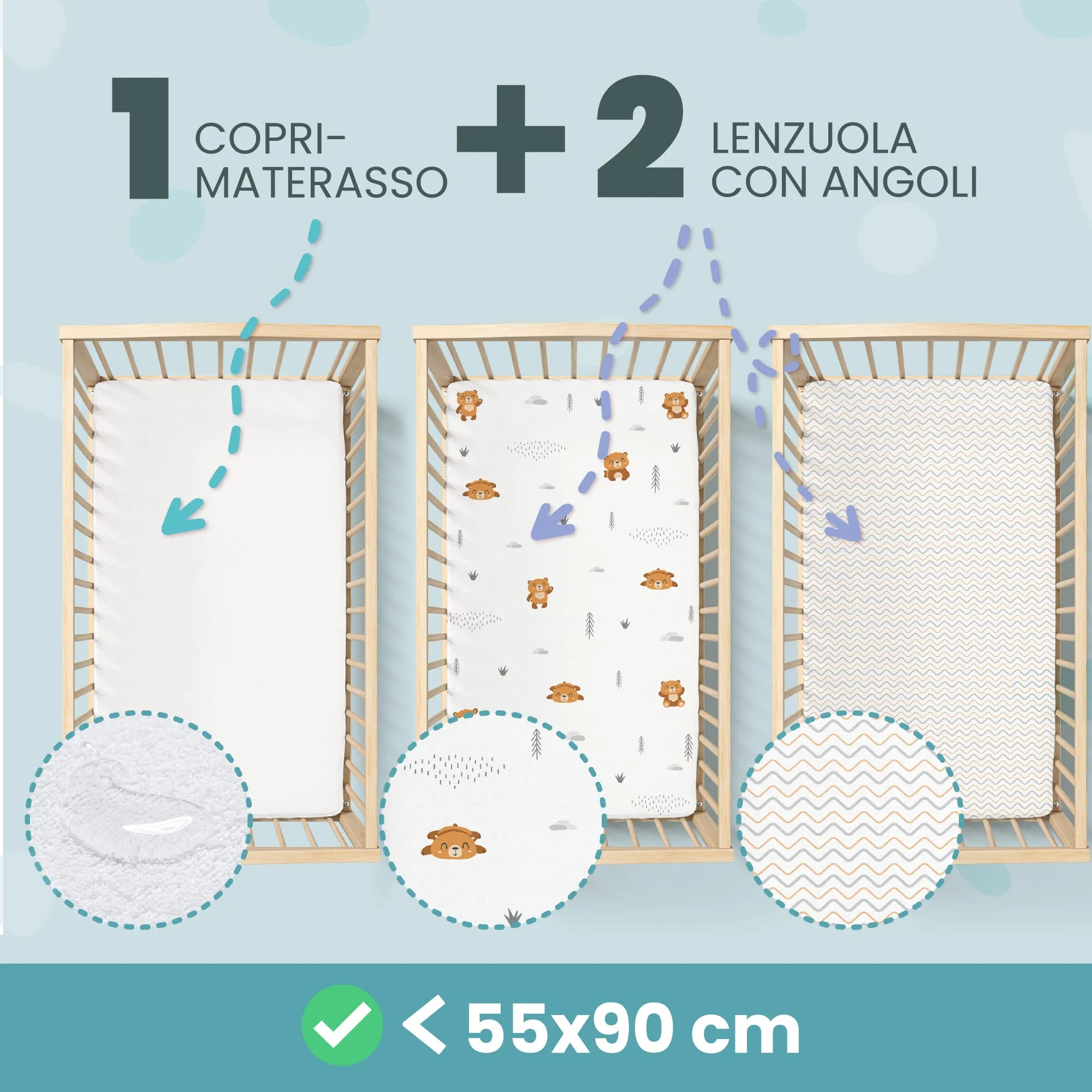 Sweety Fox Set Lenzuola 3-in-1 per Culla Co-sleeping 55x90 cm - 2 Lenzuola con Angoli e 1 Coprimaterasso Impermeabile - Arancione - immagine 2