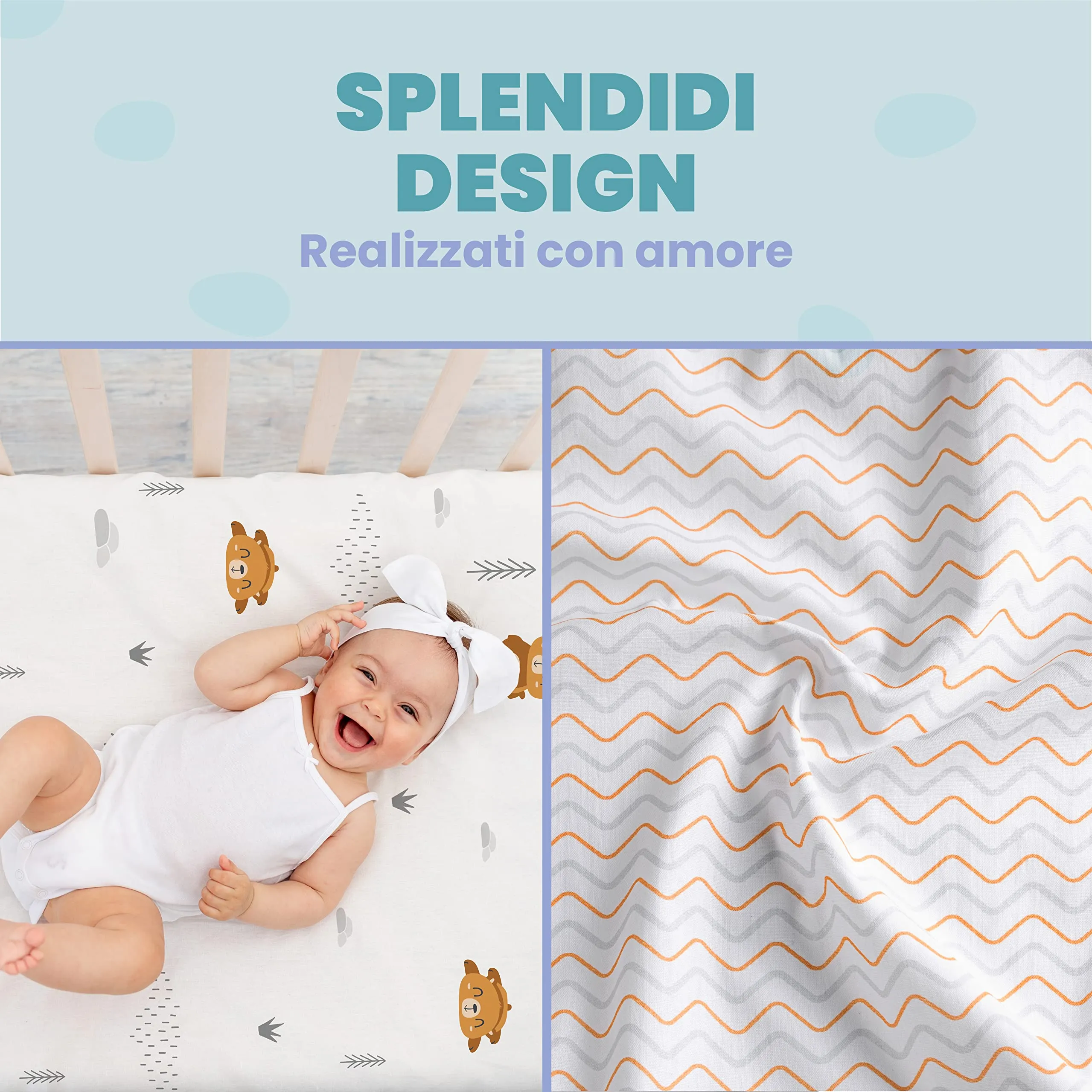 Sweety Fox Set Lenzuola 3-in-1 per Culla Co-sleeping 55x90 cm - 2 Lenzuola con Angoli e 1 Coprimaterasso Impermeabile - Arancione - immagine 6