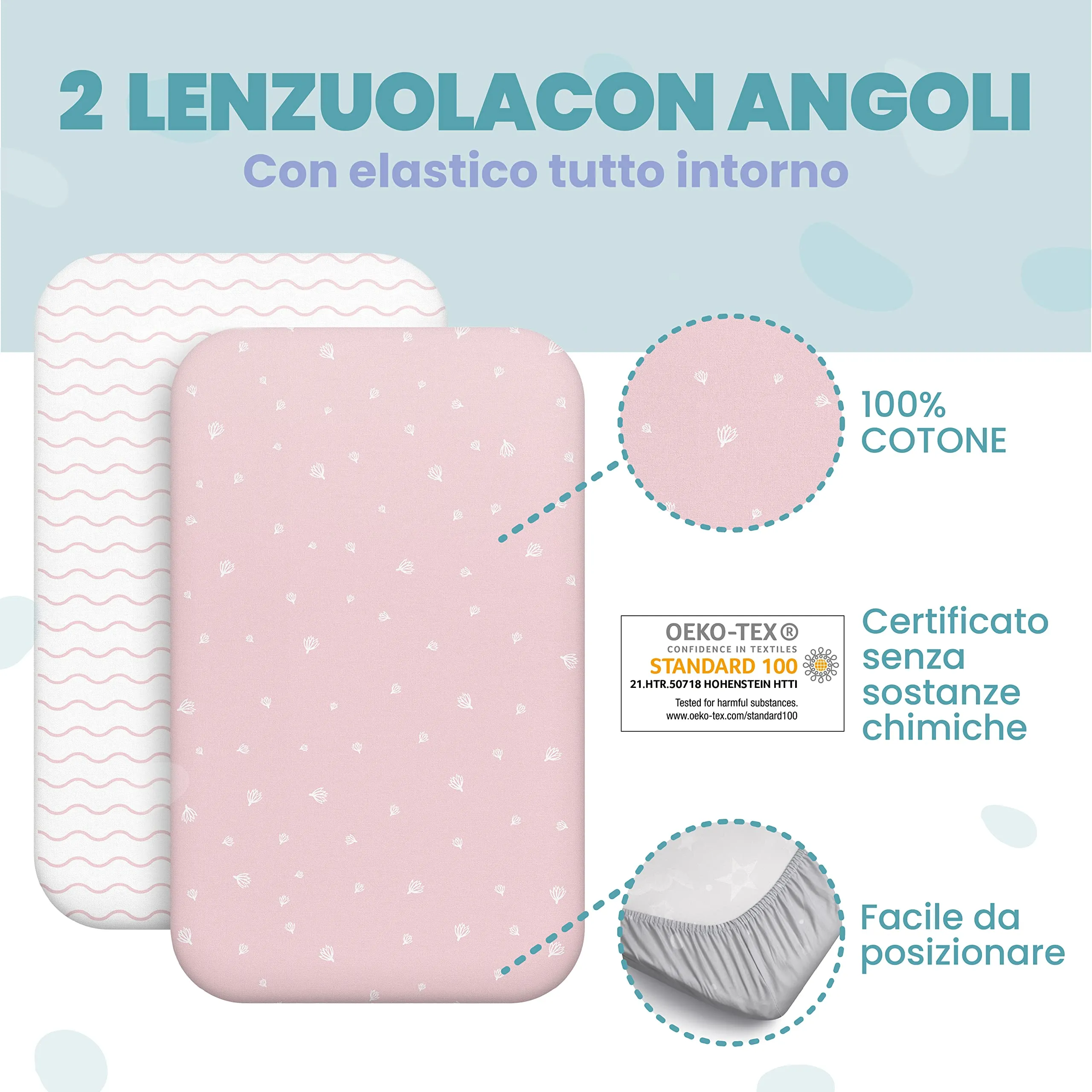 Sweety Fox Set Lenzuola 3-in-1 per Culla Cododo, 2 Lenzuola con Angoli e 1 Coprimaterasso Impermeabile, 55x90 cm, Rosa - immagine 5