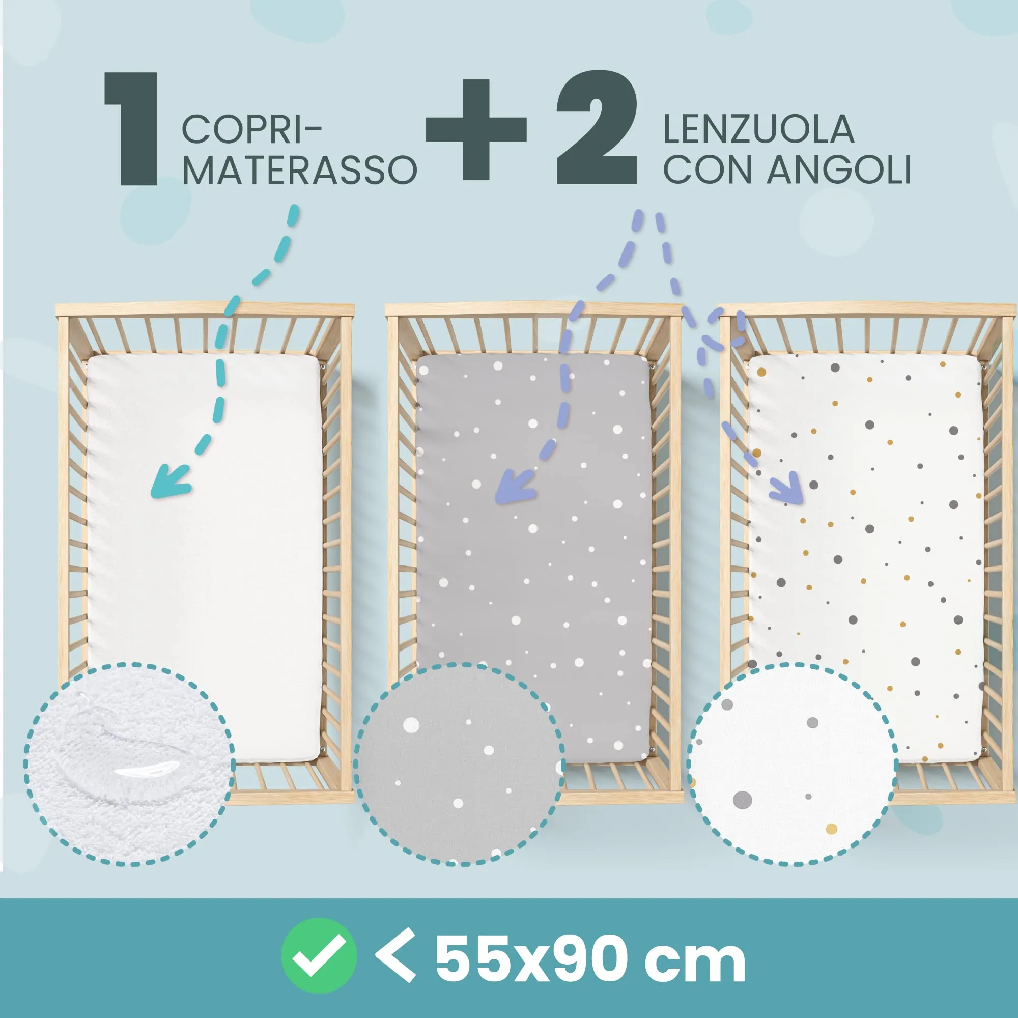 Sweety Fox Set Lenzuola Culla Cododo 3-in-1, 2 Lenzuola con Angoli e 1 Coprimaterasso Impermeabile, 55x90 cm, Grigio - immagine 2