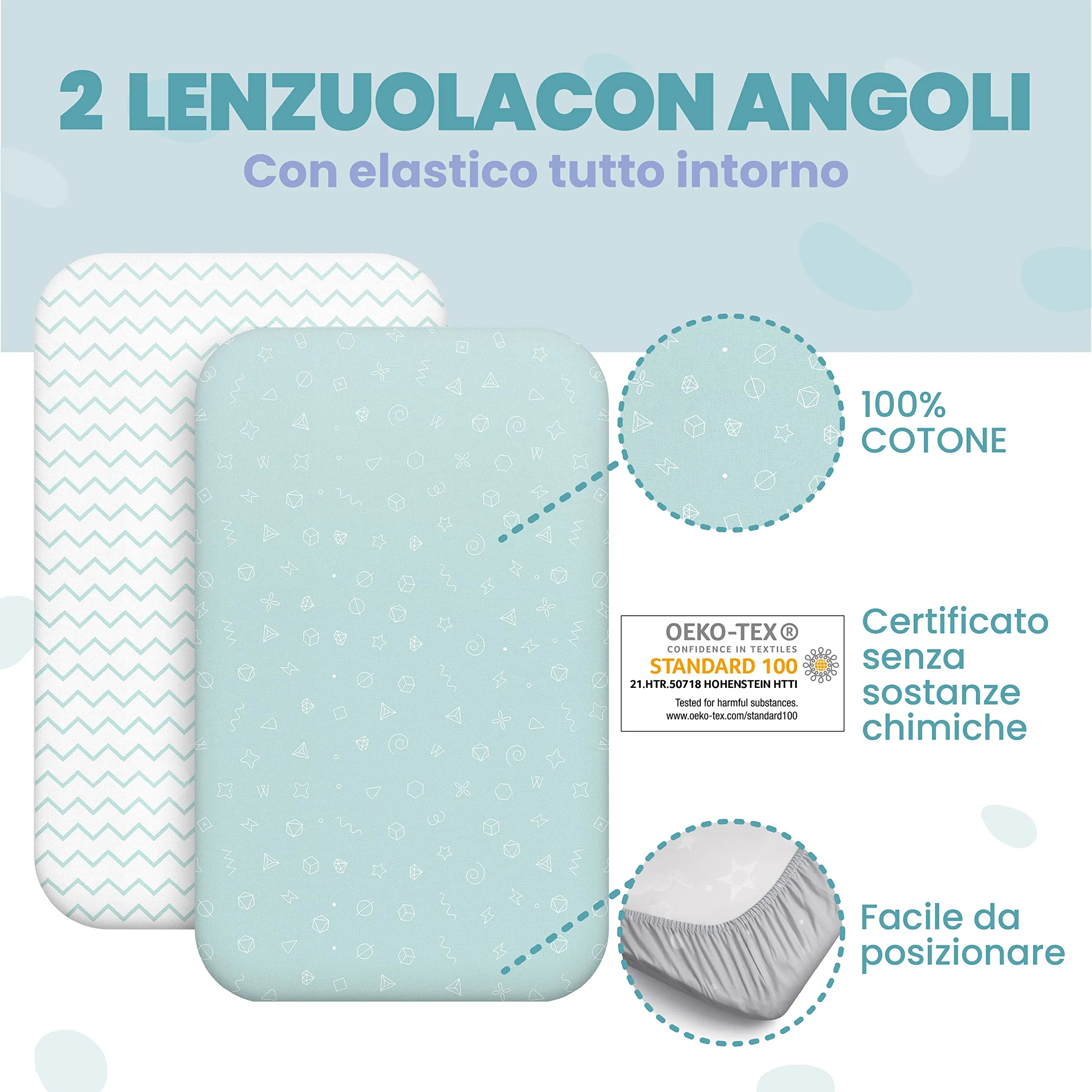 Sweety Fox Set 3-in-1 Lenzuola Culla Cododo con Angoli (Set da 2) e Coprimaterasso Impermeabile 55x90 cm, Blu - immagine 5