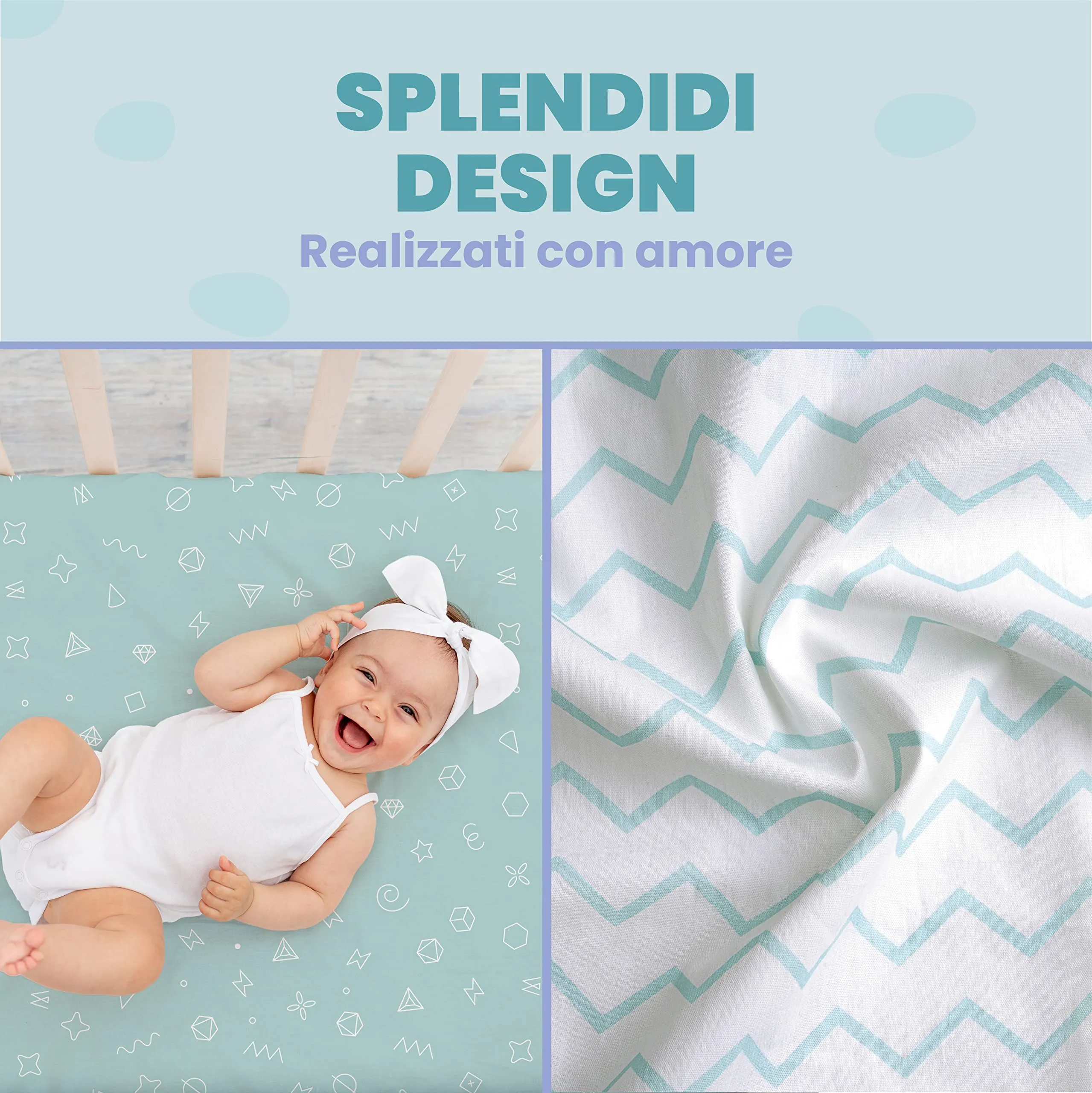 Sweety Fox Set 3-in-1 Lenzuola Culla Cododo con Angoli (Set da 2) e Coprimaterasso Impermeabile 55x90 cm, Blu - immagine 6
