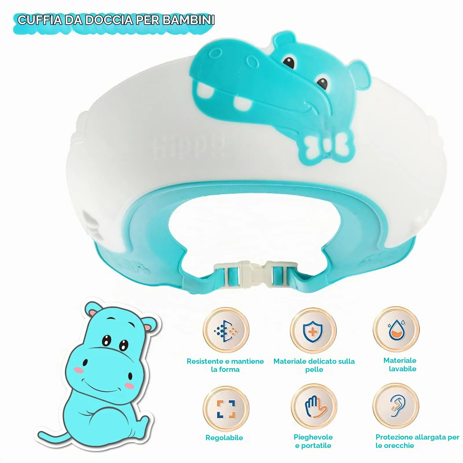 FUSACONY Cappello Doccia per Bambini, Visiera in Silicone Regolabile (Ippopotamo Blu) - immagine 2