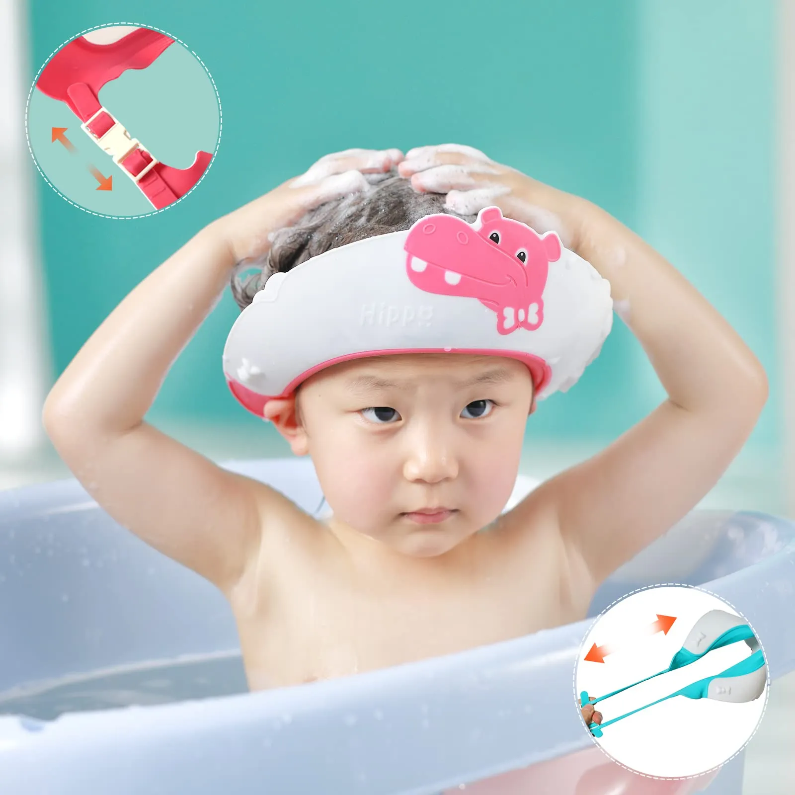FUSACONY Cappello Doccia per Bambini, Visiera in Silicone Regolabile (Ippopotamo Blu) - immagine 3