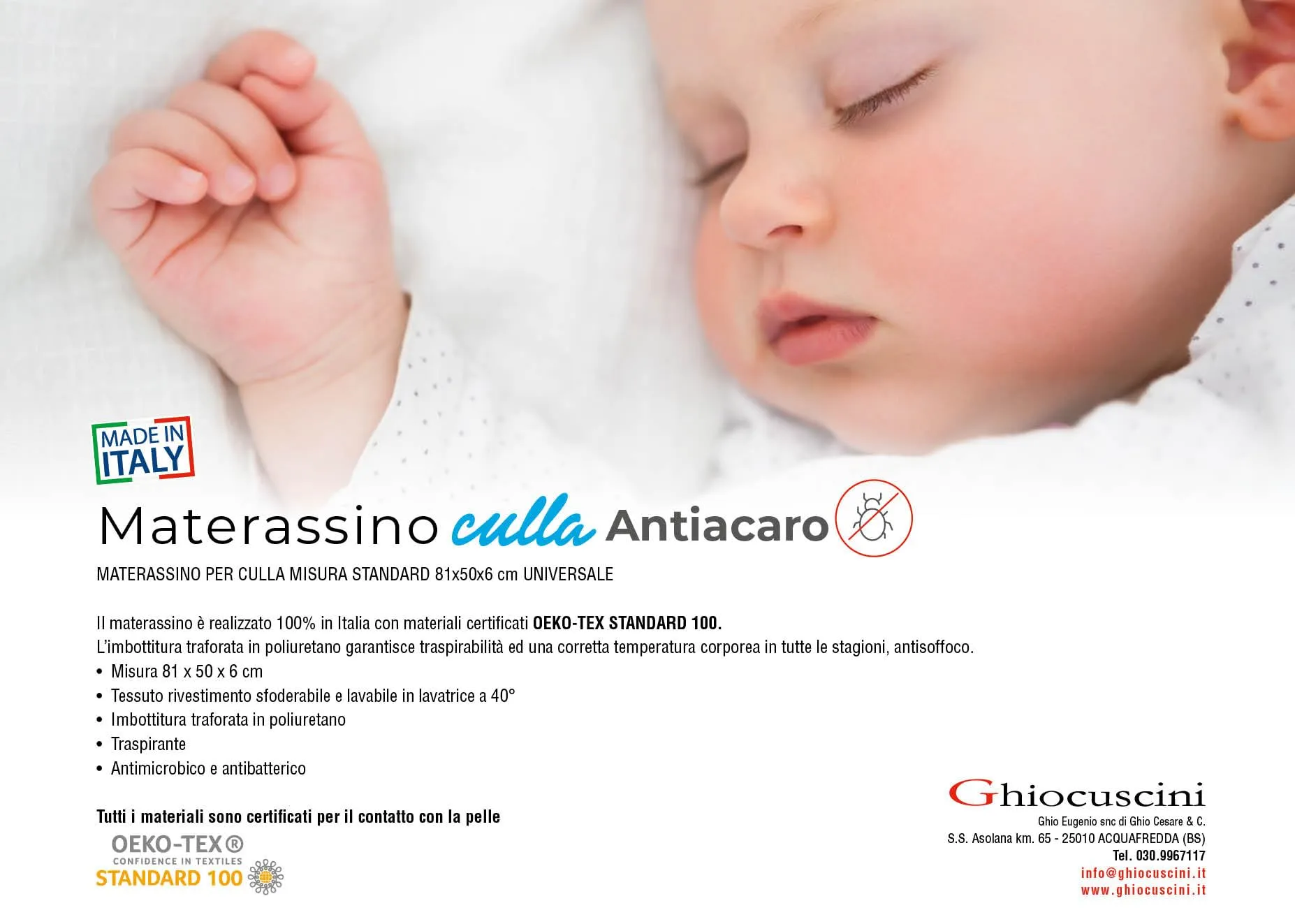 GHIOCUSCINI Materasso per Culla, Antiacaro, Traspirante, 50 x 81 x 6 cm, Made in Italy - immagine 5