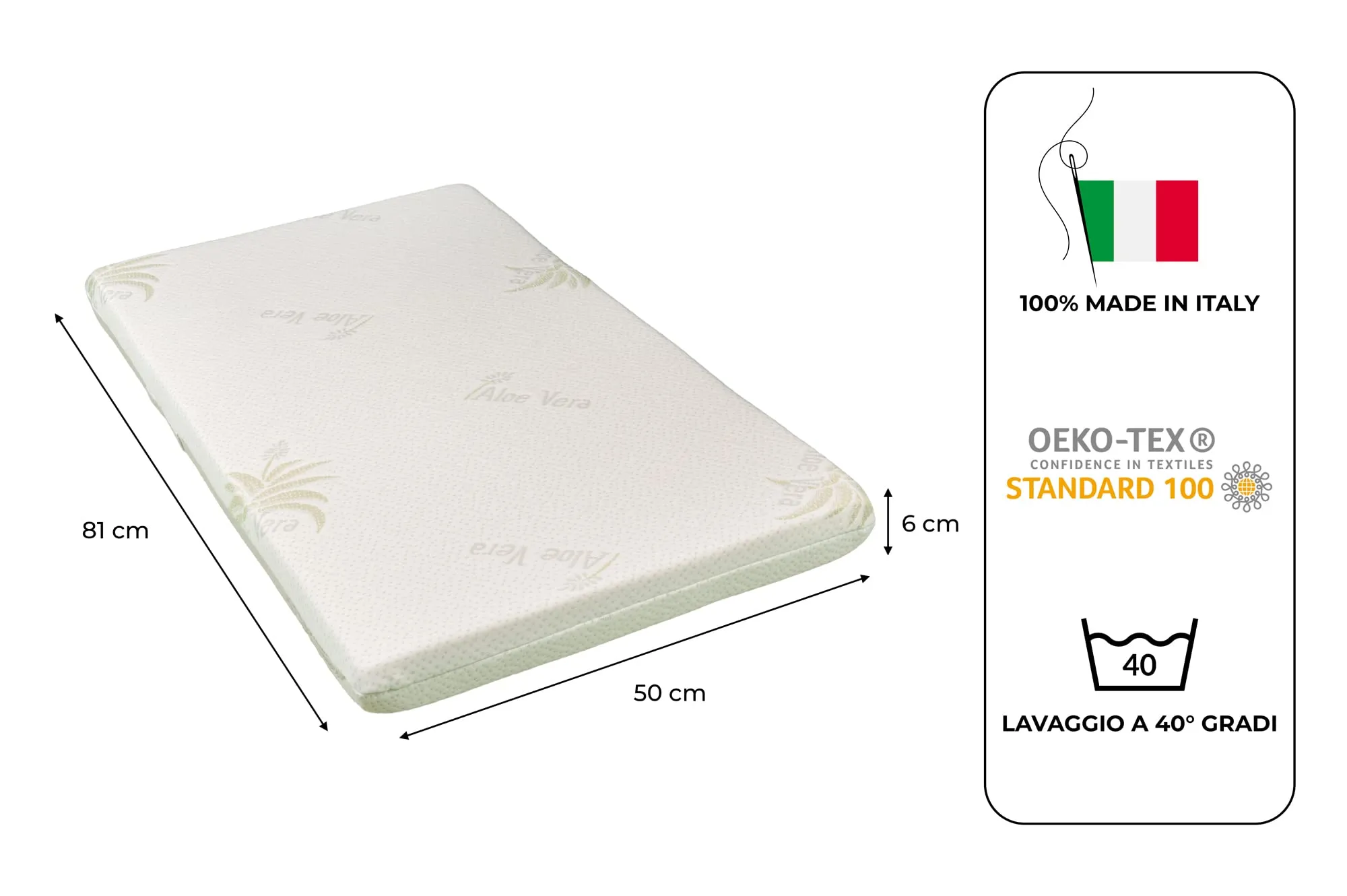 GHIOCUSCINI Materasso per Culla Aloe Vera, Traspirante e Antimicrobico, 50 x 81 x 6 cm, Made in Italy - immagine 2