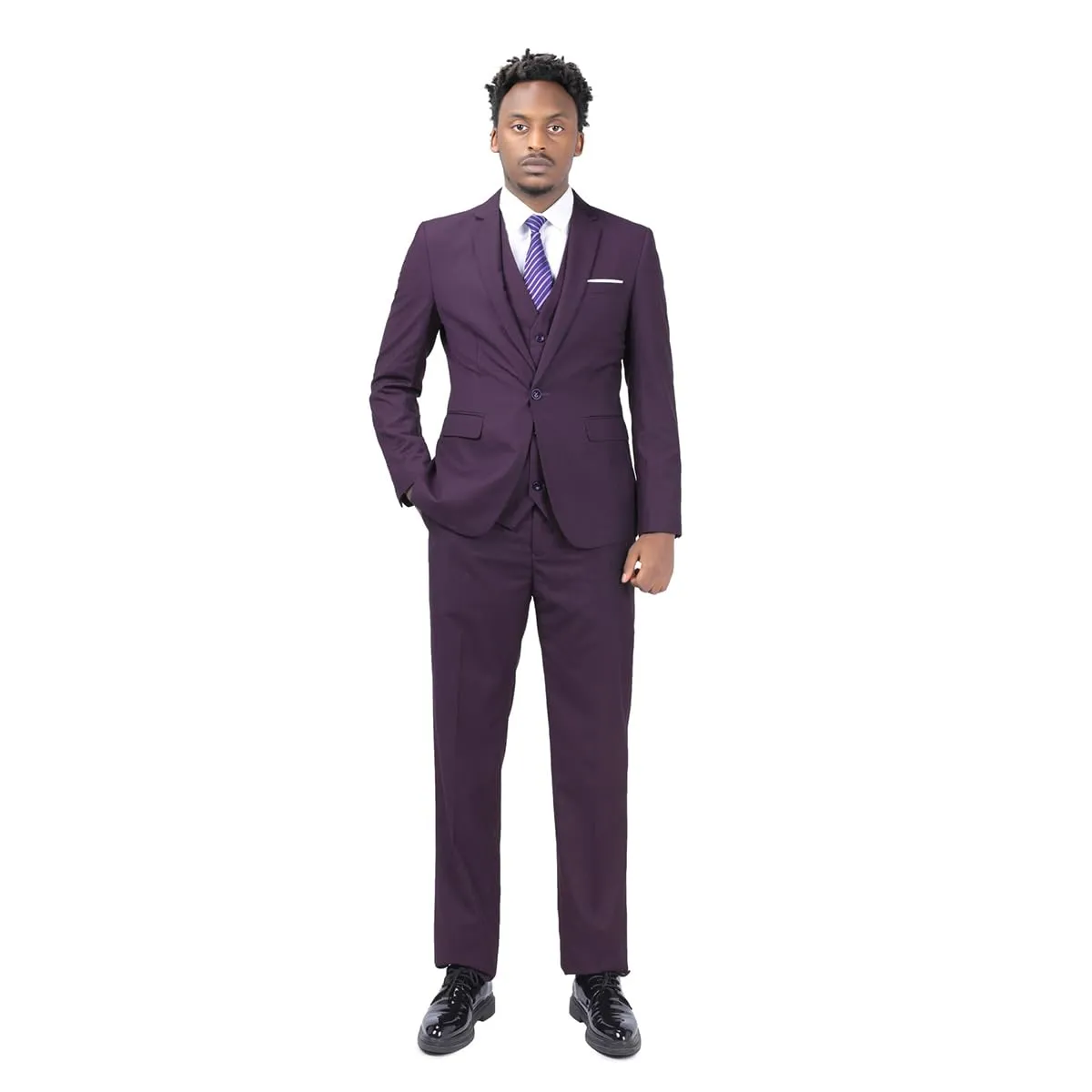 YOUTHUP Abito Uomo 3 Pezzi Slim Fit Blazer Panciotto Pantaloni Viola S - immagine 7