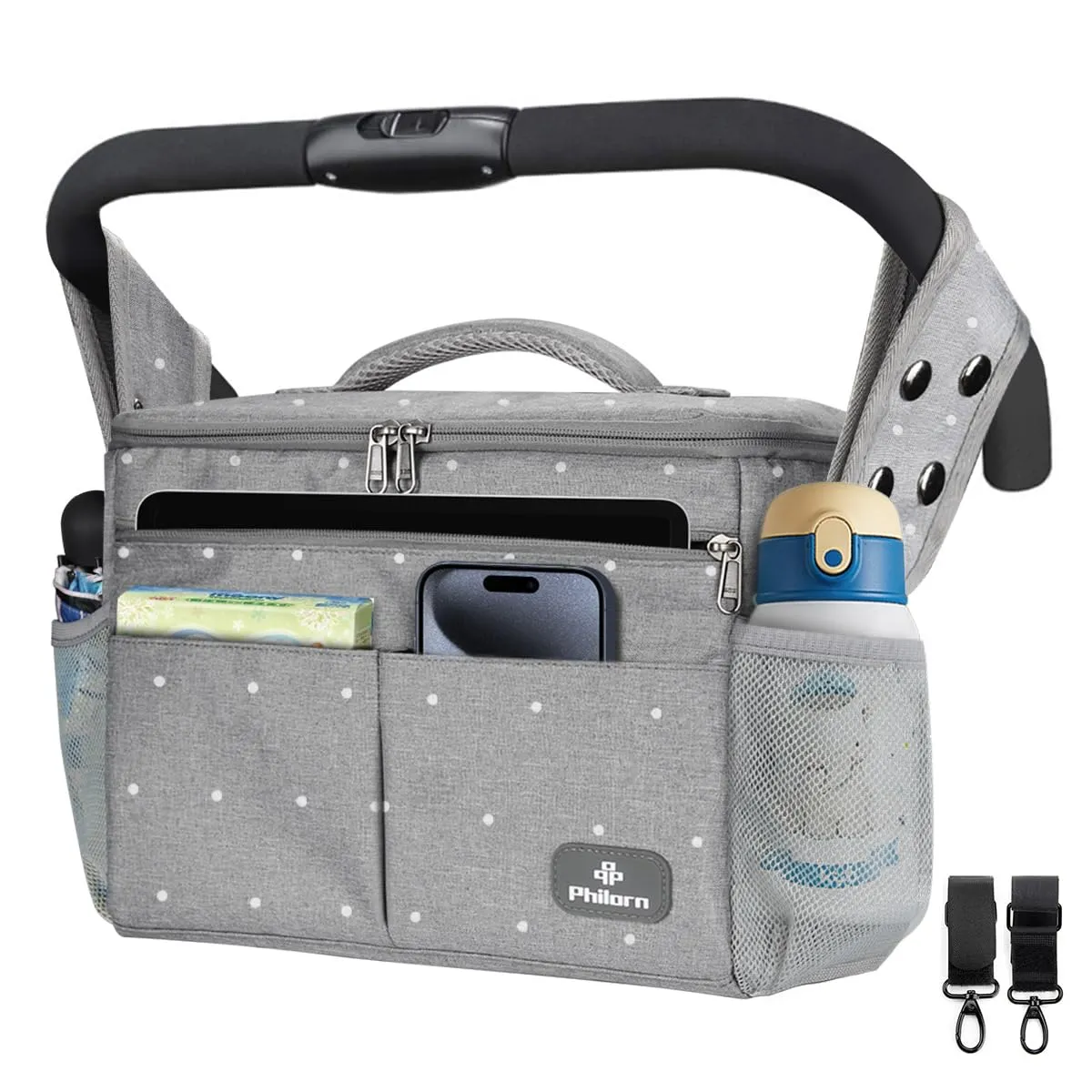 PHILORN Borsa Organizzatore per Passeggino con Portabicchieri Isolati e Tracolla, Grigio Con Pois - immagine 1