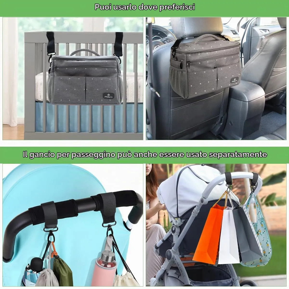 PHILORN Borsa Organizzatore per Passeggino con Portabicchieri Isolati e Tracolla, Grigio Con Pois - immagine 5