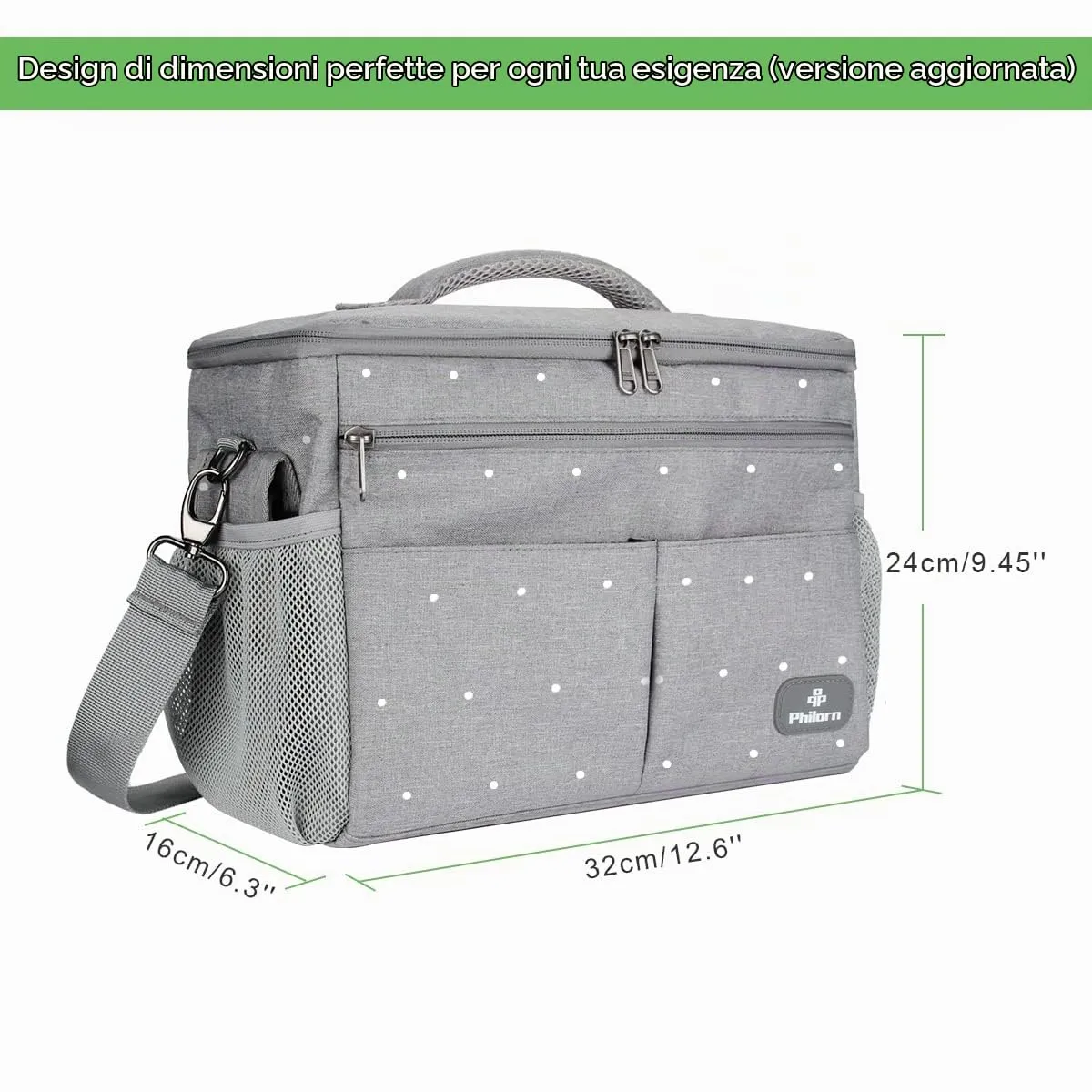PHILORN Borsa Organizzatore per Passeggino con Portabicchieri Isolati e Tracolla, Grigio Con Pois - immagine 7