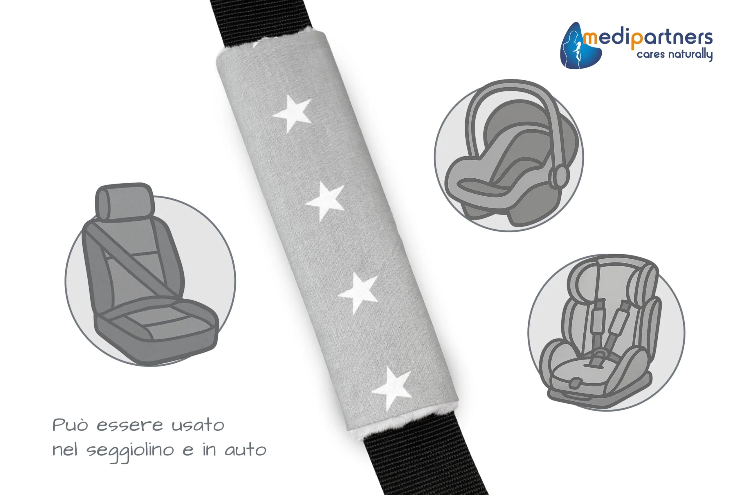 Medi Partners Copri Cintura di Sicurezza Auto per Bambini, 100% Cotone e Minky, 17x22cm (Stelle grigie con Minky) - immagine 4