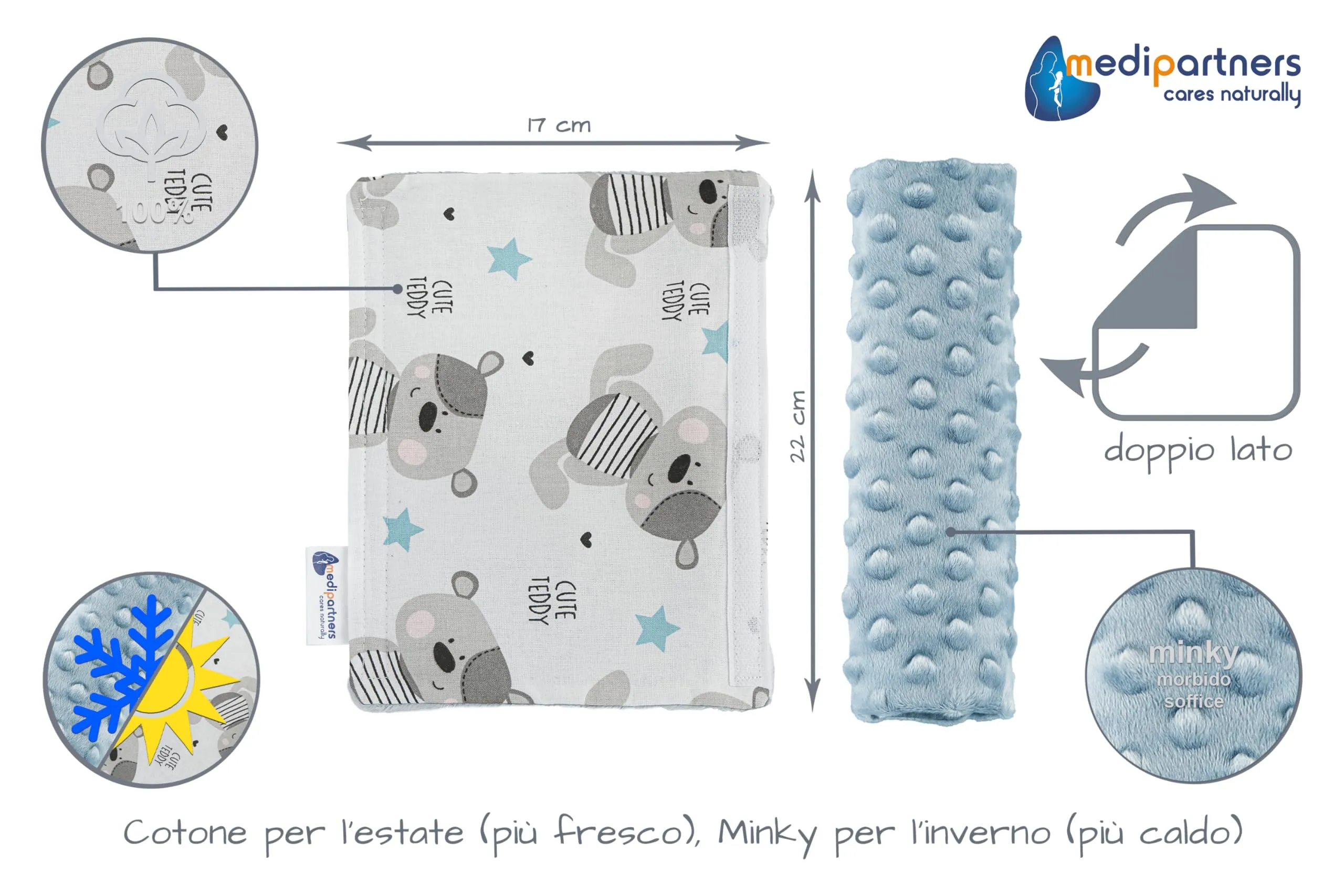 Medi Partners Copri Cintura di Sicurezza Auto per Bambini, 17x22cm, Cotone e Minky, Orsetto di peluche azzurro - immagine 3