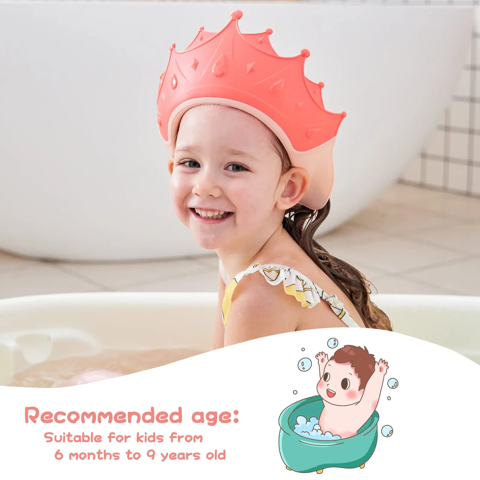 FUSACONY Cuffia da doccia per bambini regolabile, protezione per shampoo senza lacrime, da 0 a 9 anni (rosso) - immagine 2
