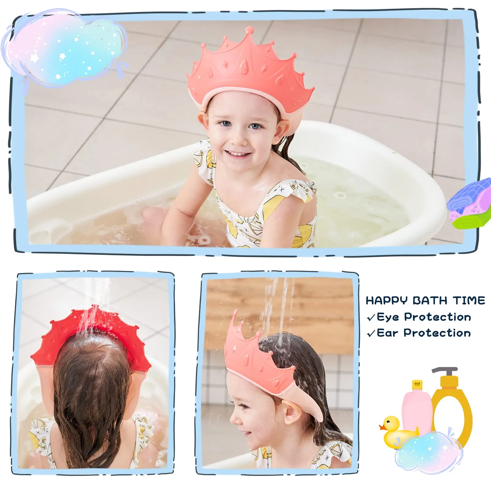 FUSACONY Cuffia da doccia per bambini regolabile, protezione per shampoo senza lacrime, da 0 a 9 anni (rosso) - immagine 3