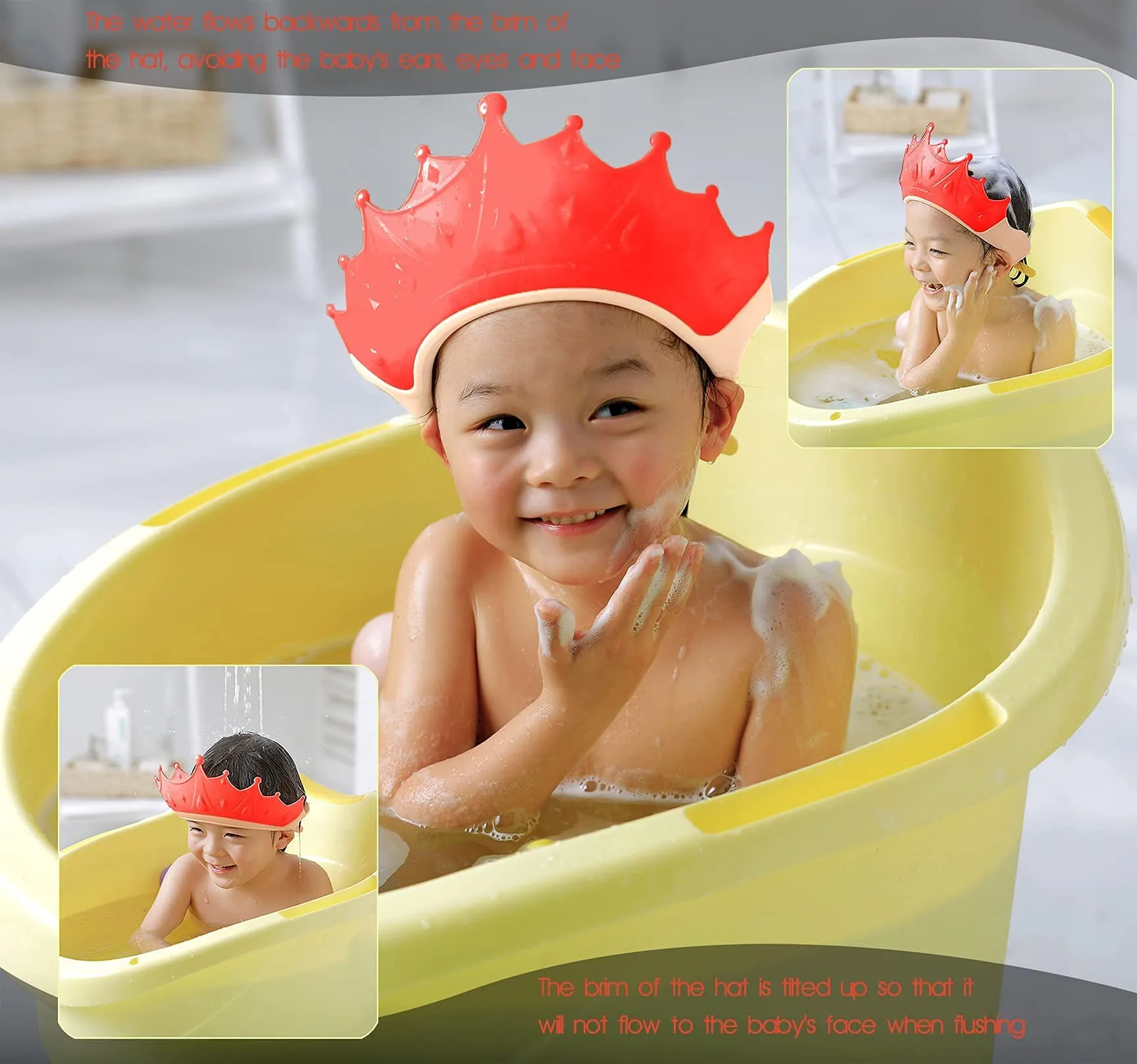 FUSACONY Cuffia da doccia per bambini regolabile, protezione per shampoo senza lacrime, da 0 a 9 anni (rosso) - immagine 8