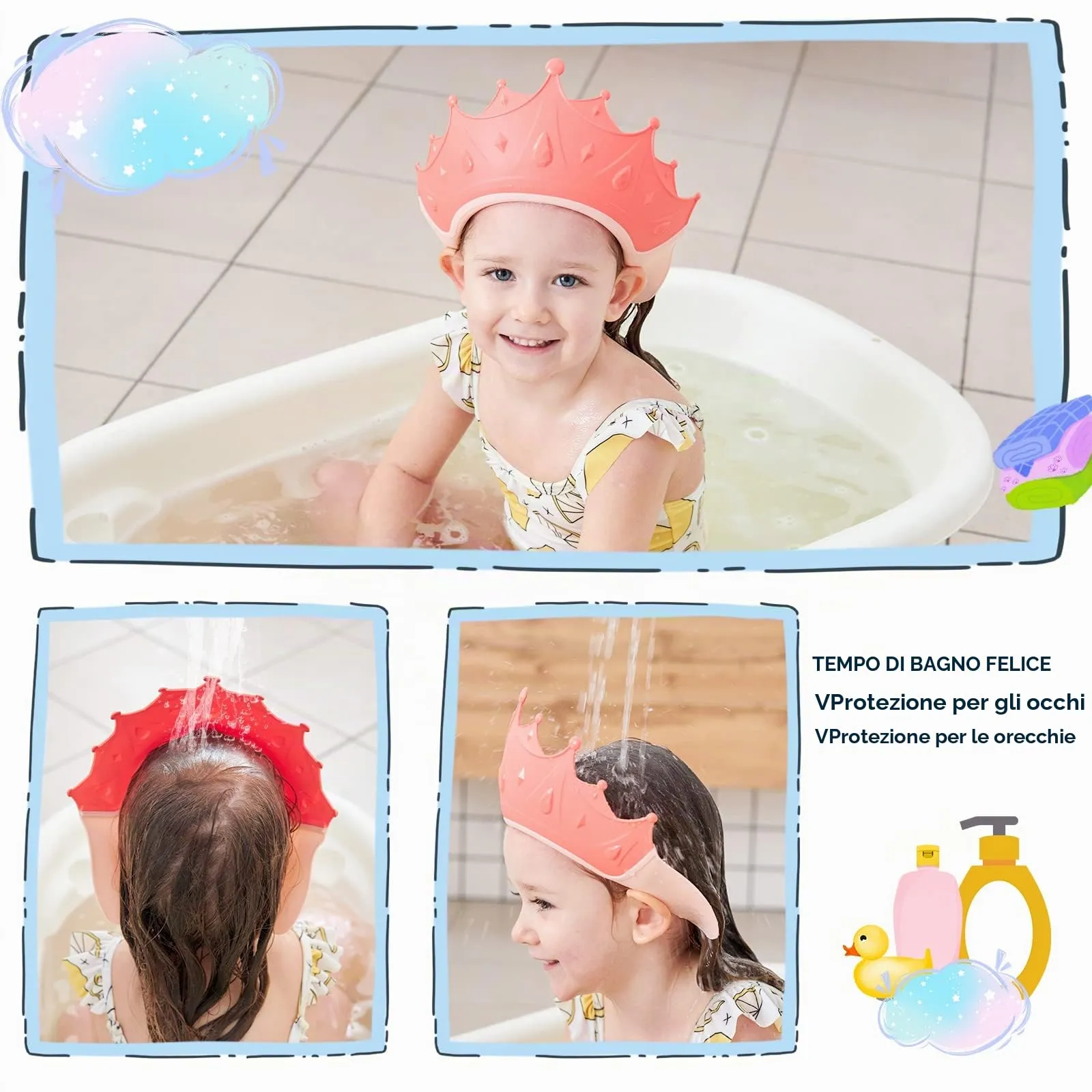 FUSACONY Cappello Doccia per Bambini in Silicone Morbido Regolabile (2-Pack) - immagine 3