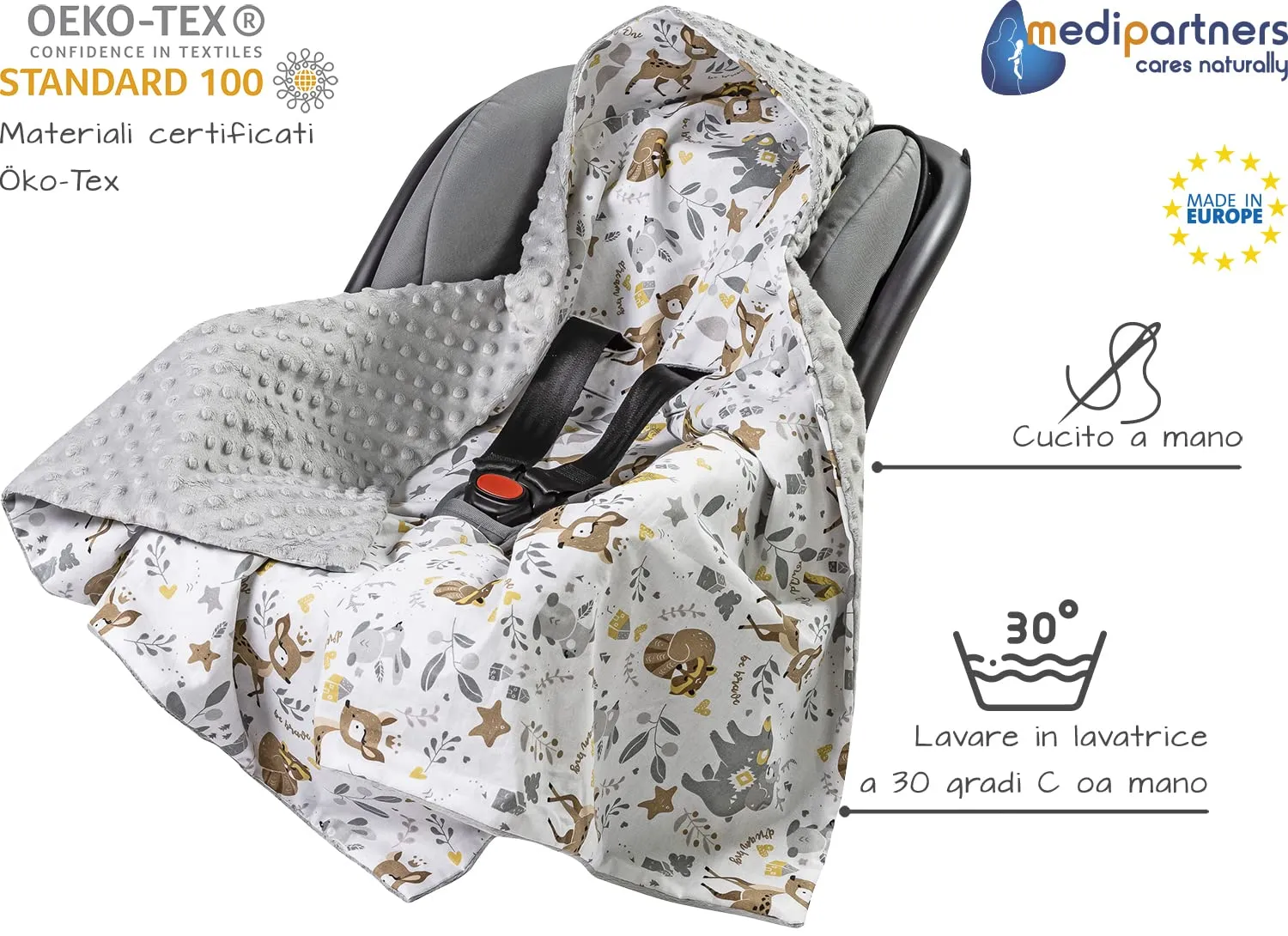 Medi Partners Coperta Neonato Universale 85x85cm in Cotone e Minky - Cervo con Grigio - immagine 3