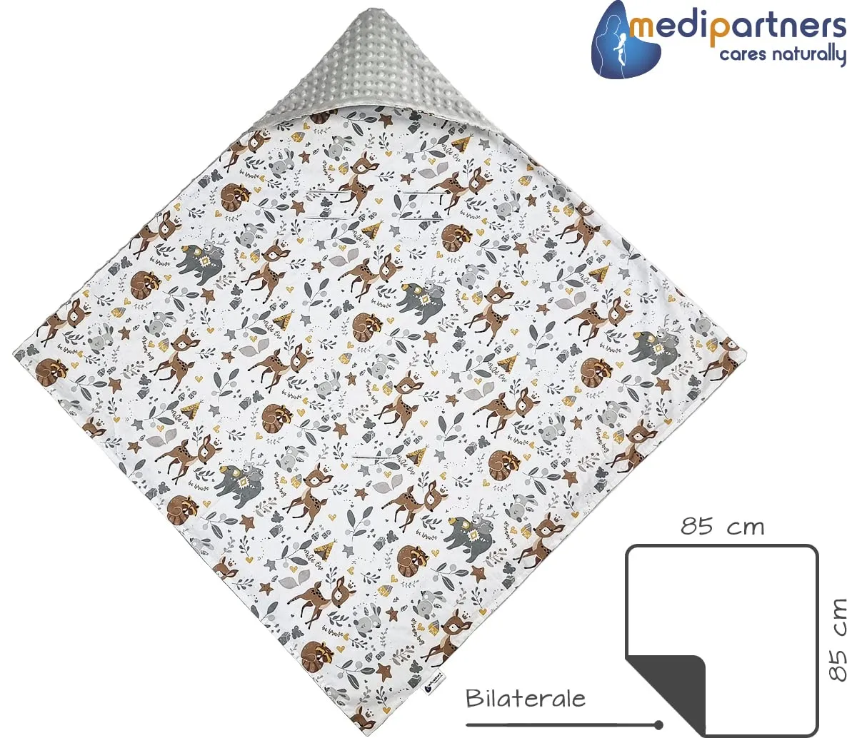 Medi Partners Coperta Neonato Universale 85x85cm in Cotone e Minky - Cervo con Grigio - immagine 4