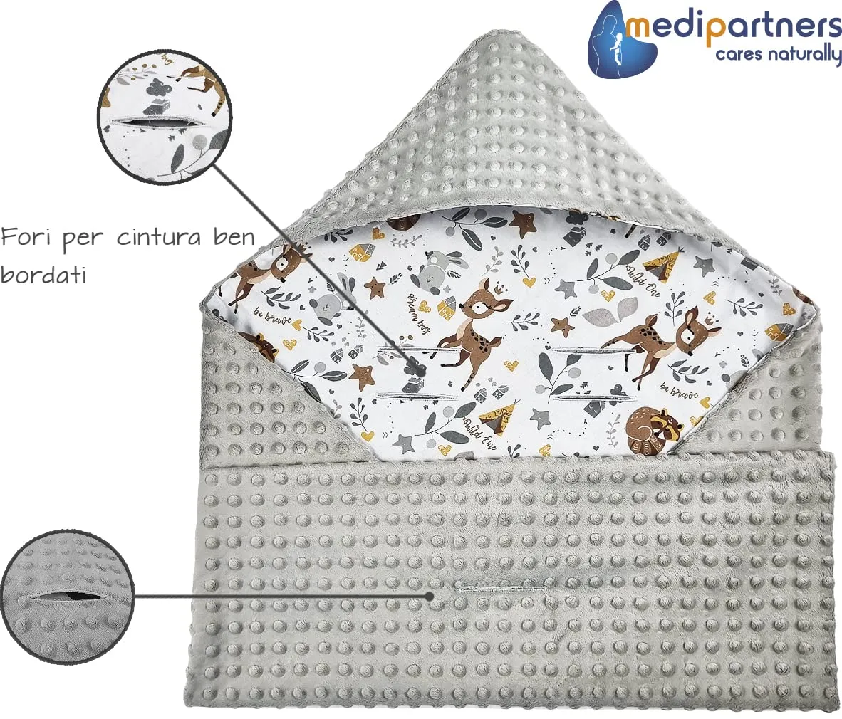 Medi Partners Coperta Neonato Universale 85x85cm in Cotone e Minky - Cervo con Grigio - immagine 5