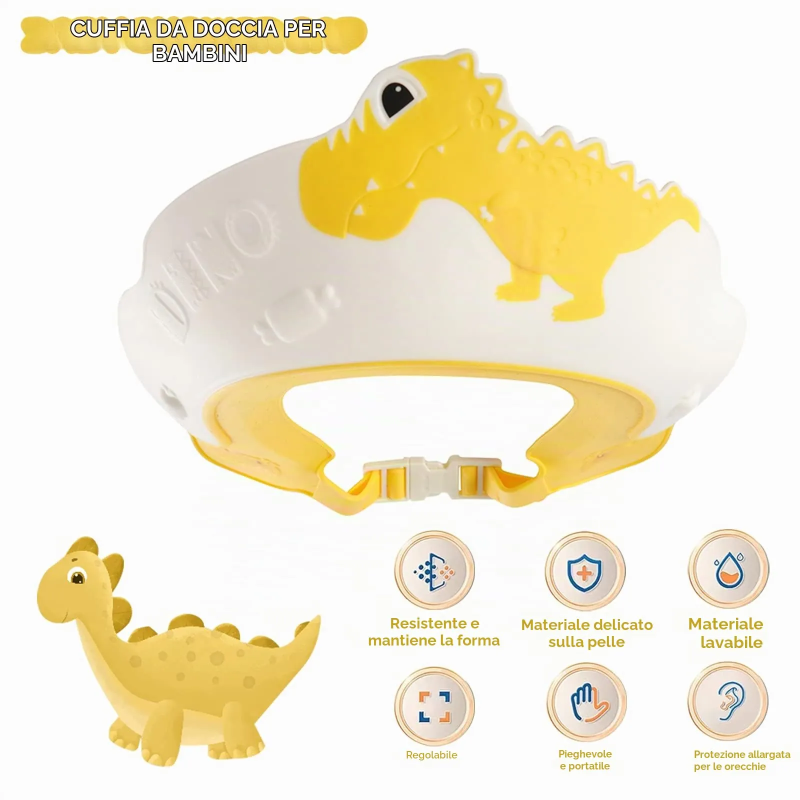 FUSACONY Cuffia da doccia regolabile per bambini 0-9 anni, Design Dinosauro Giallo - immagine 2
