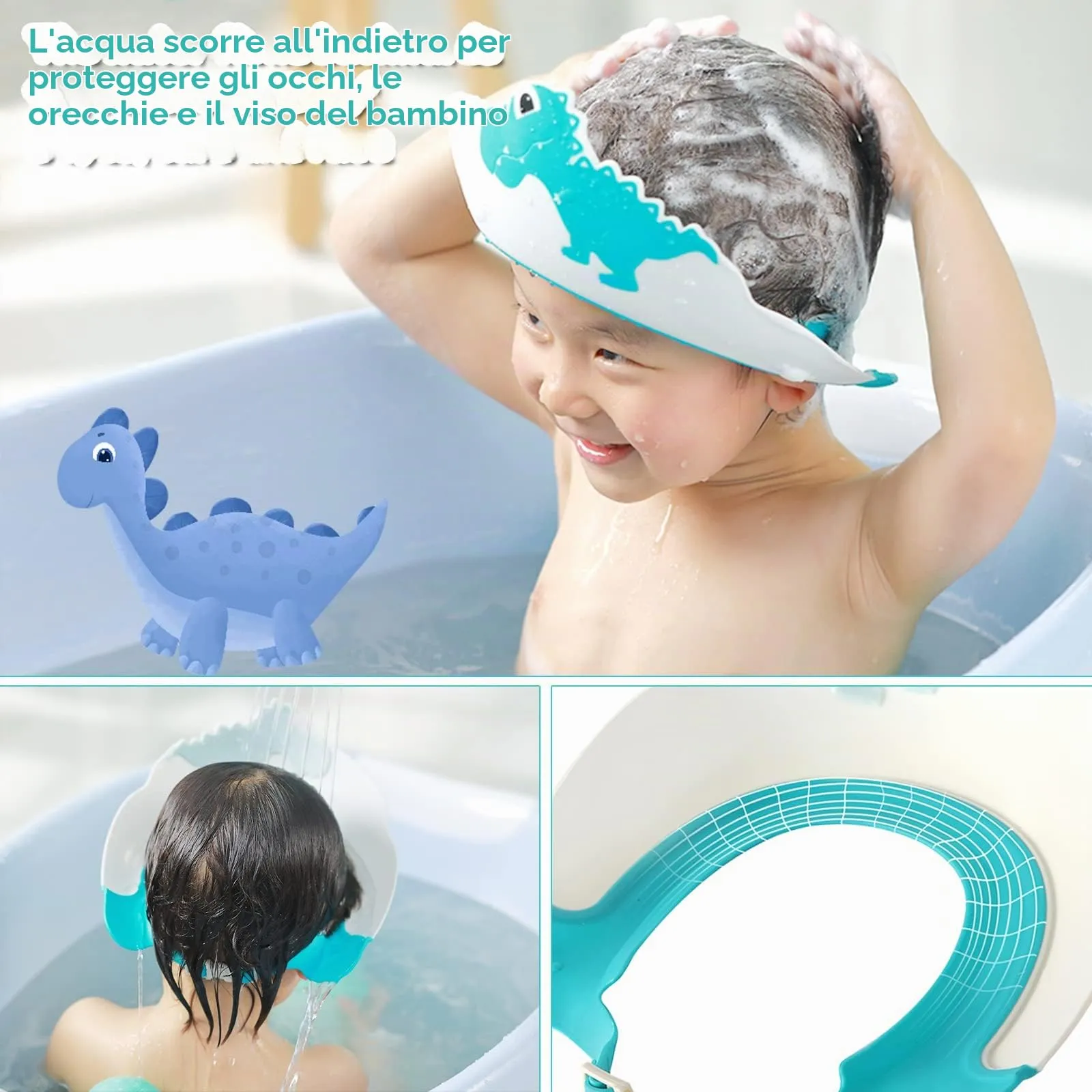 FUSACONY Cuffia da doccia regolabile per bambini 0-9 anni, Design Dinosauro Giallo - immagine 4