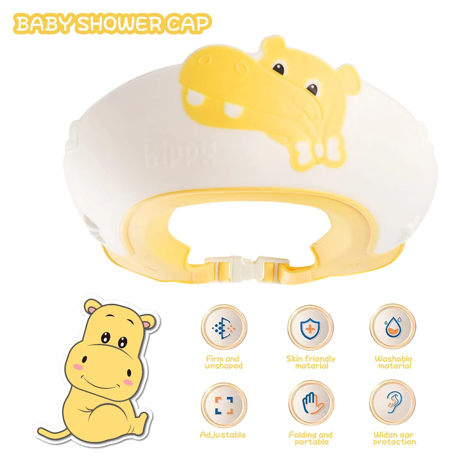 FUSACONY Cuffia da doccia per bambini regolabile con visiera, design ippopotamo (giallo) - immagine 2