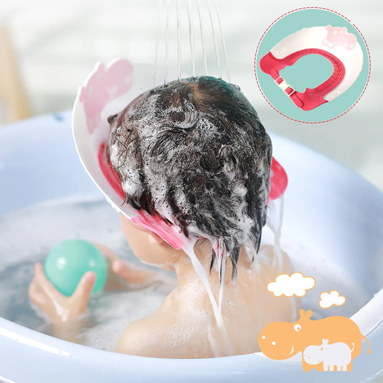FUSACONY Cuffia da doccia per bambini regolabile con visiera, design ippopotamo (giallo) - immagine 4