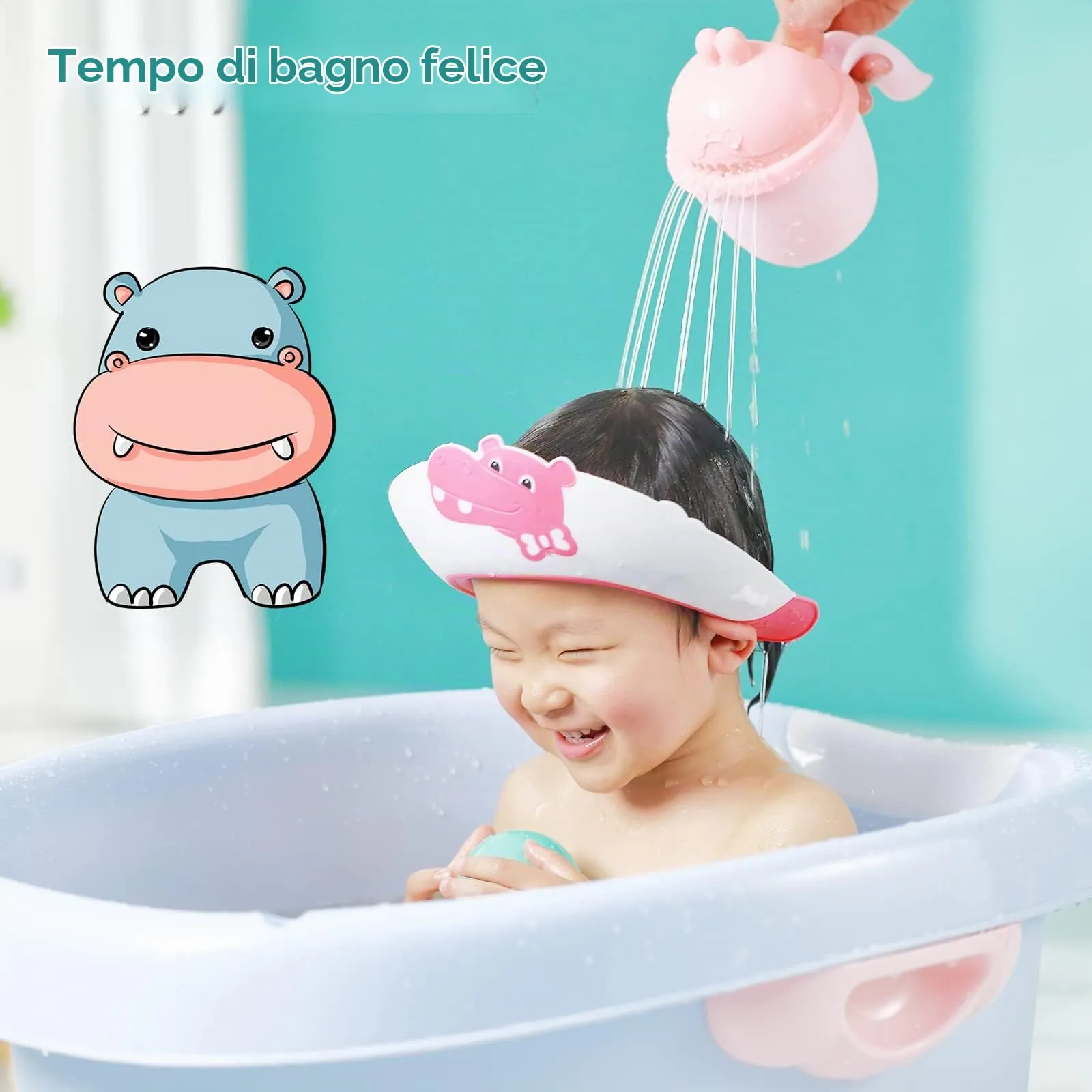 FUSACONY Cuffia da doccia per bambini regolabile con visiera, design ippopotamo (giallo) - immagine 5