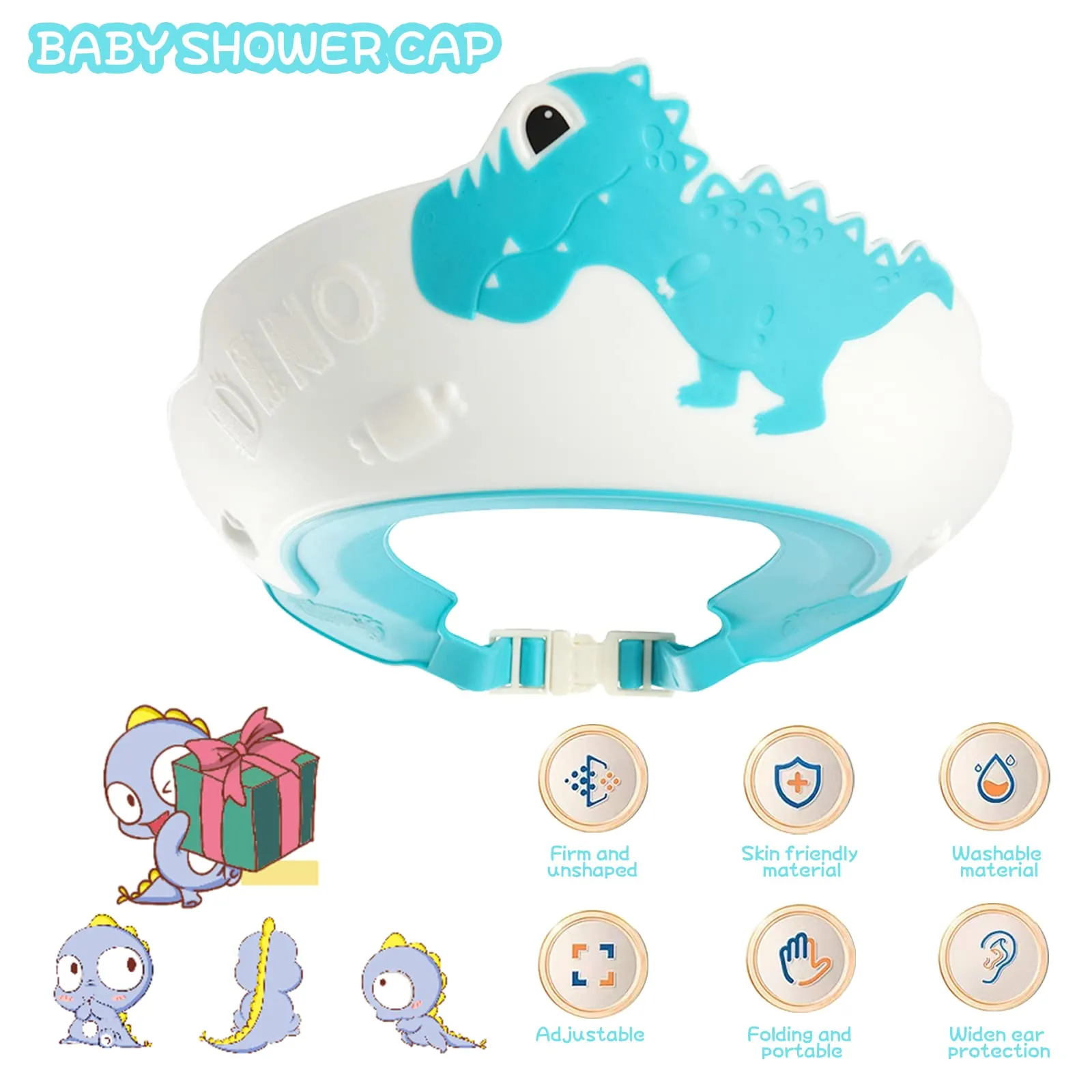 FUSACONY Cuffia da doccia regolabile per bambini 0-9 anni, Dinosauro Blu - immagine 6