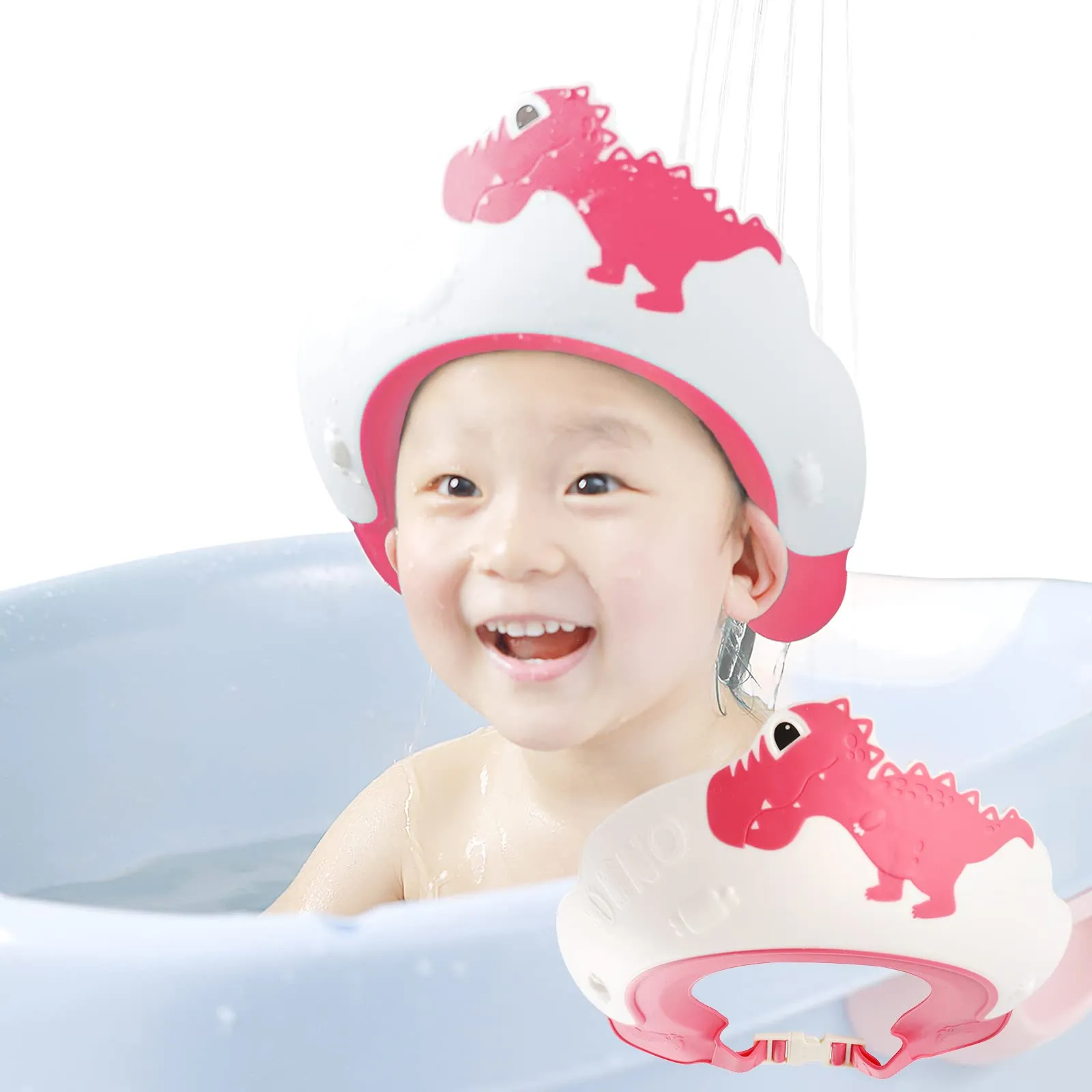 FUSACONY Cuffia da doccia per bambini con visiera regolabile, impermeabile per occhi e orecchie, design Dinosauro Rosa - immagine 1