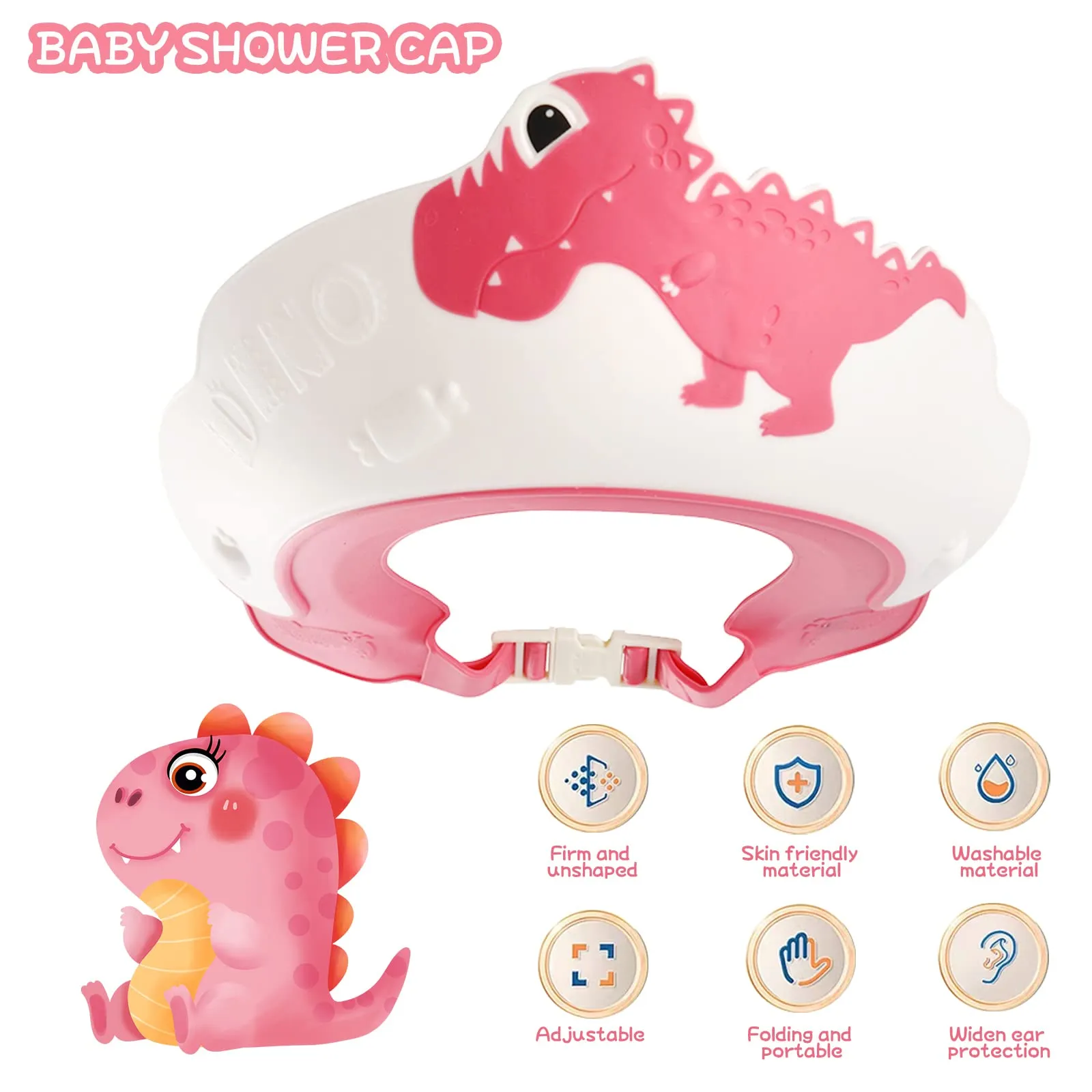 FUSACONY Cuffia da doccia per bambini con visiera regolabile, impermeabile per occhi e orecchie, design Dinosauro Rosa - immagine 2