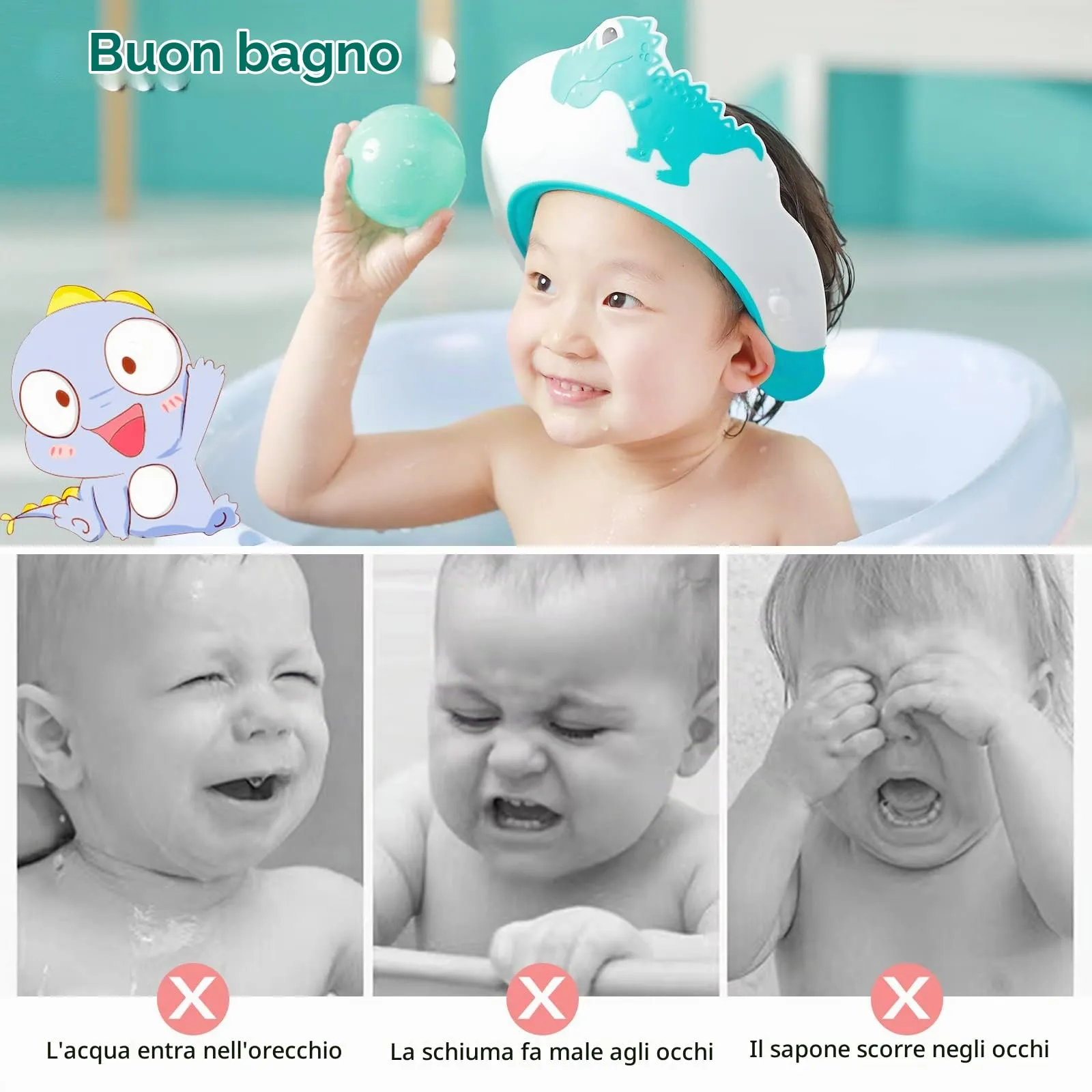 FUSACONY Cuffia da doccia per bambini con visiera regolabile, impermeabile per occhi e orecchie, design Dinosauro Rosa - immagine 5