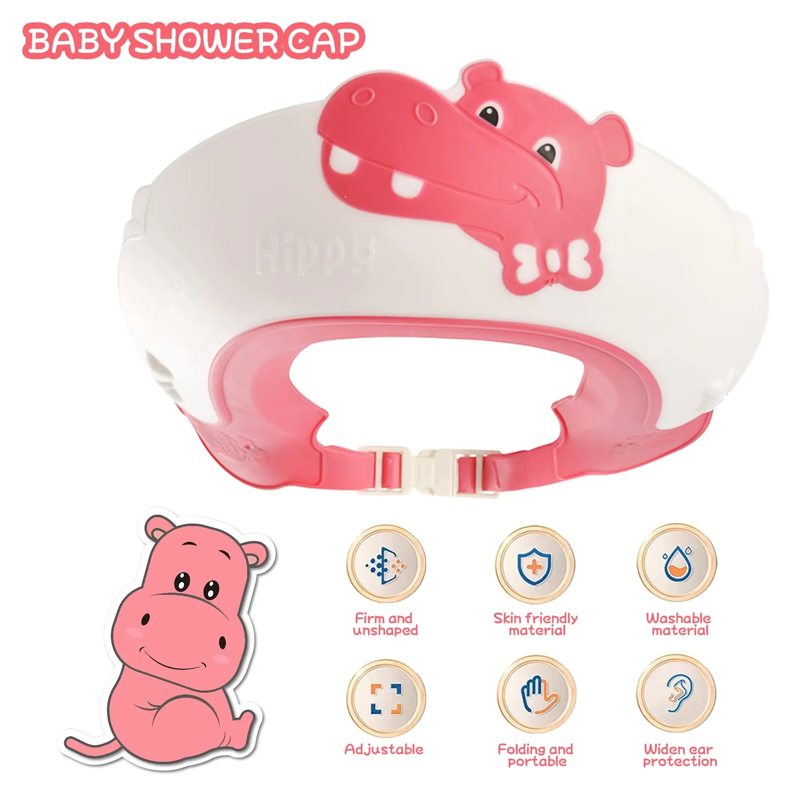 FUSACONY Cappello Doccia per Bambini in Silicone Regolabile, Ippopotamo Rosa - immagine 2