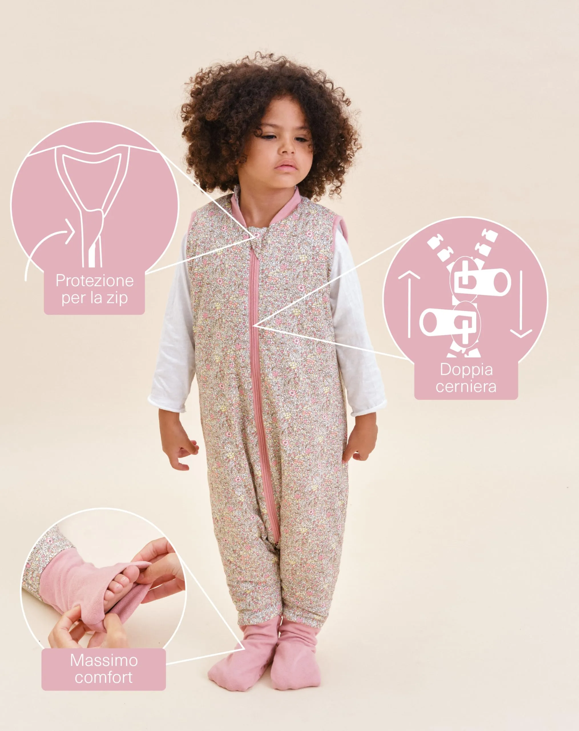 molis & co Sacco Nanna Invernale con Piedini e Calzini, 2.5 TOG, 100% Cotone Oeko-TEX 100, Pastel Floral, 2 anni - immagine 3