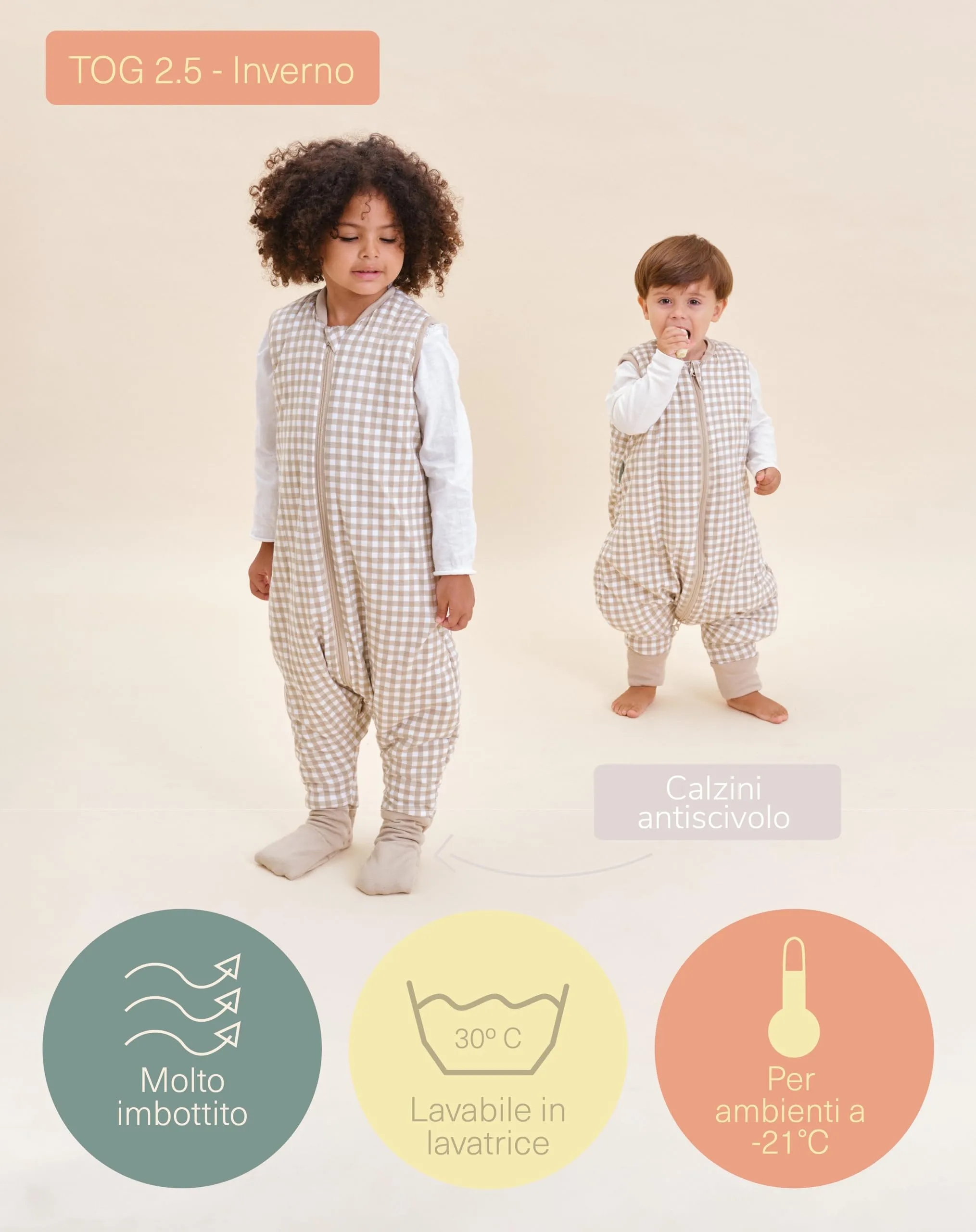 molis & co Sacco Nanna Invernale con Piedini 2.5 TOG, 100% Cotone Oeko-TEX 100, Vichy Beige, 1 anno - immagine 4