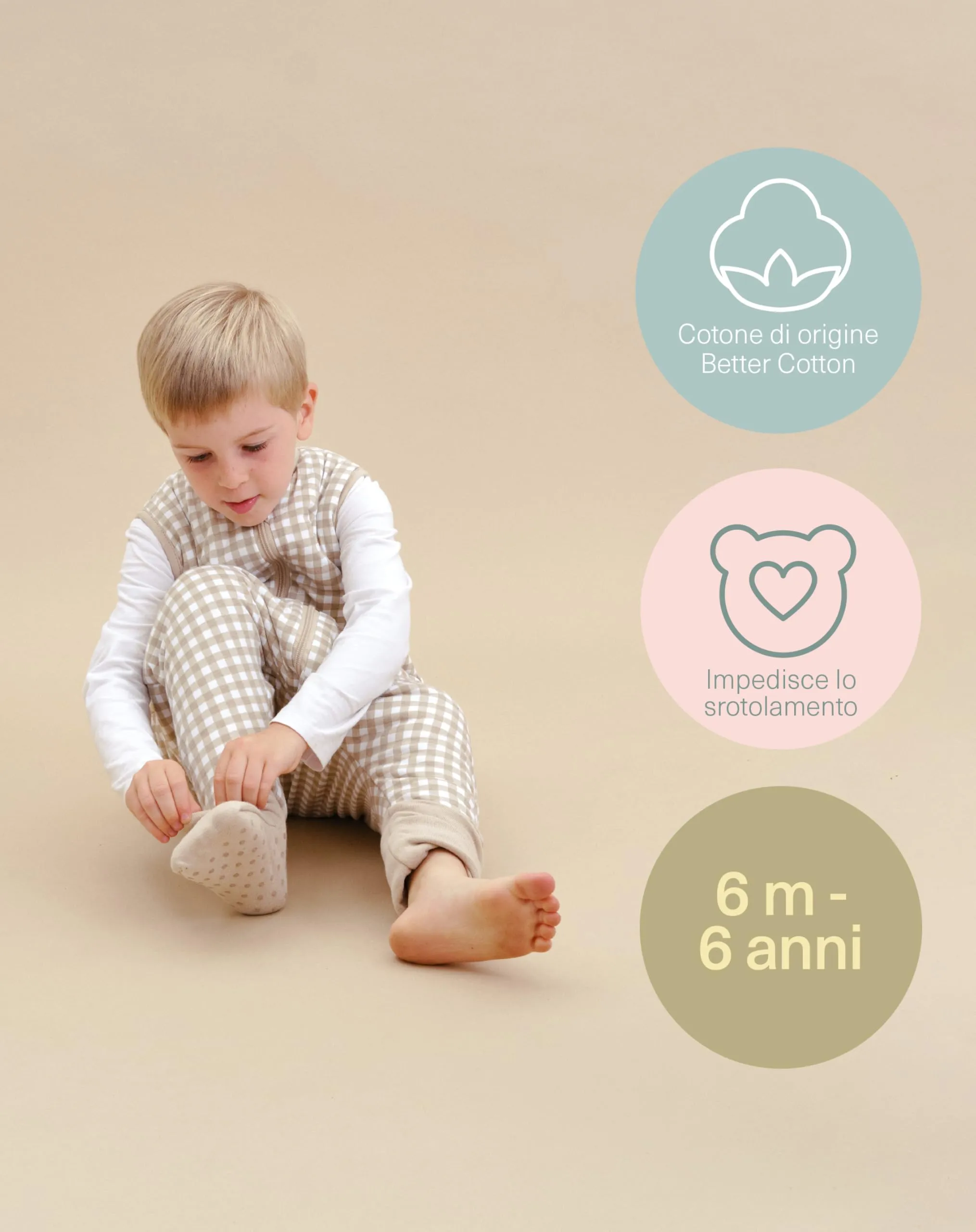 molis & co Sacco Nanna Invernale con Piedini 2.5 TOG, 100% Cotone Oeko-TEX 100, Vichy Beige, 1 anno - immagine 5
