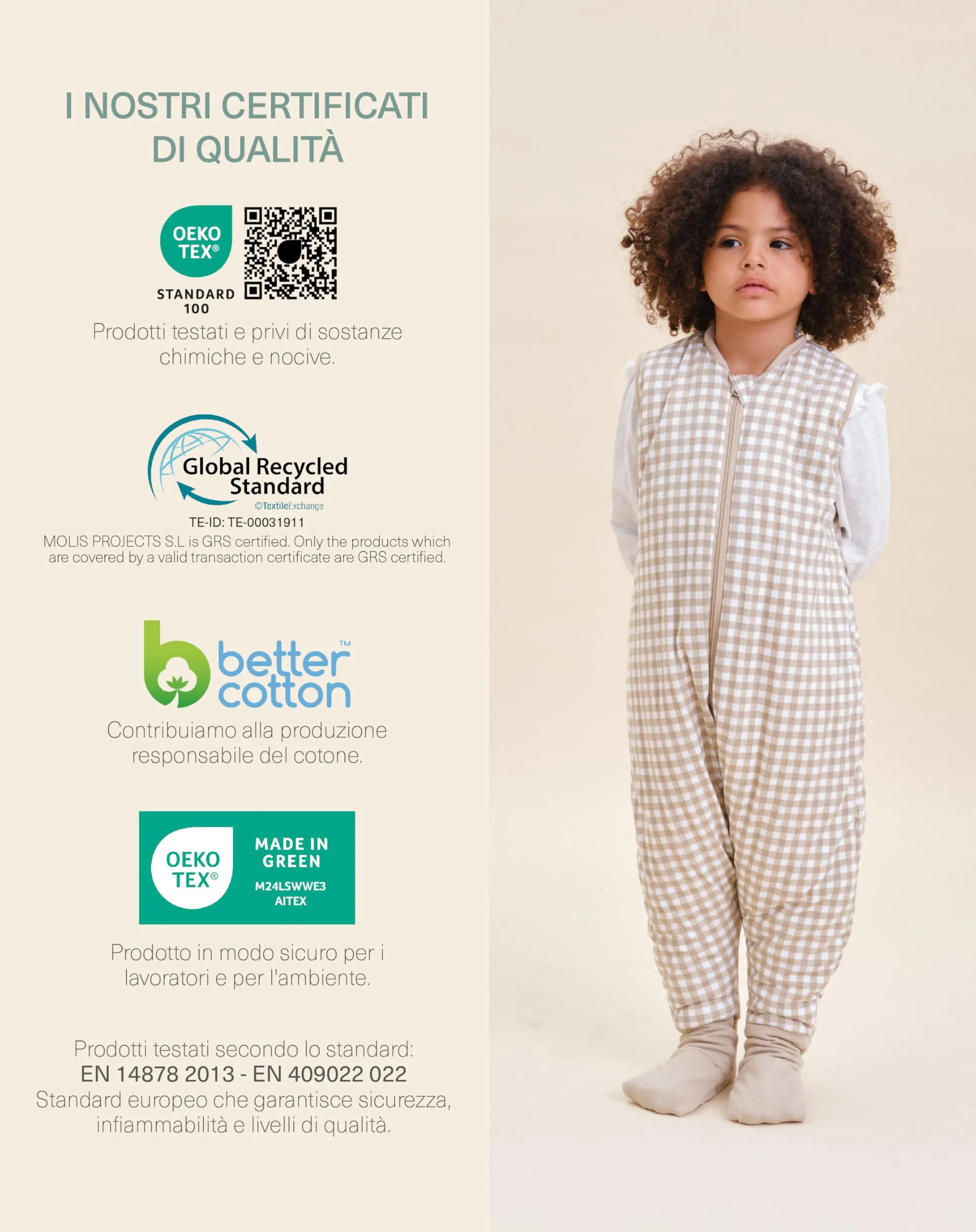 molis & co Sacco Nanna Invernale con Piedini 2.5 TOG, 100% Cotone Oeko-TEX 100, Vichy Beige, 1 anno - immagine 6