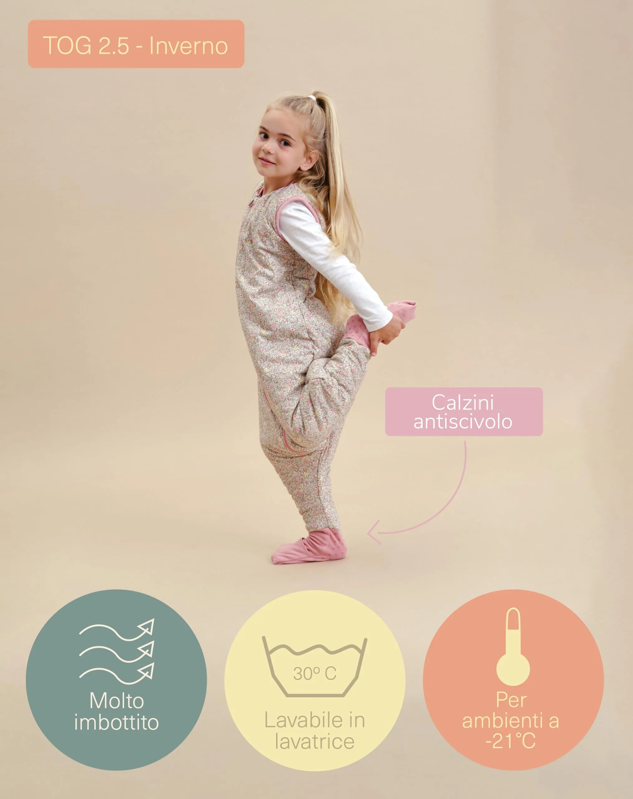 molis & co Sacco Nanna Invernale con Piedini 2.5 TOG, 100% Cotone Oeko-TEX 100, Pastel Floral, 4 anni - immagine 4