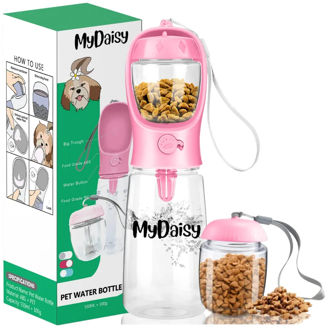 MYDAISY Borraccia per Cani da Viaggio, 550ml Acqua e 100g Cibo, Lavabile in Lavastoviglie, Rosa - immagine 1
