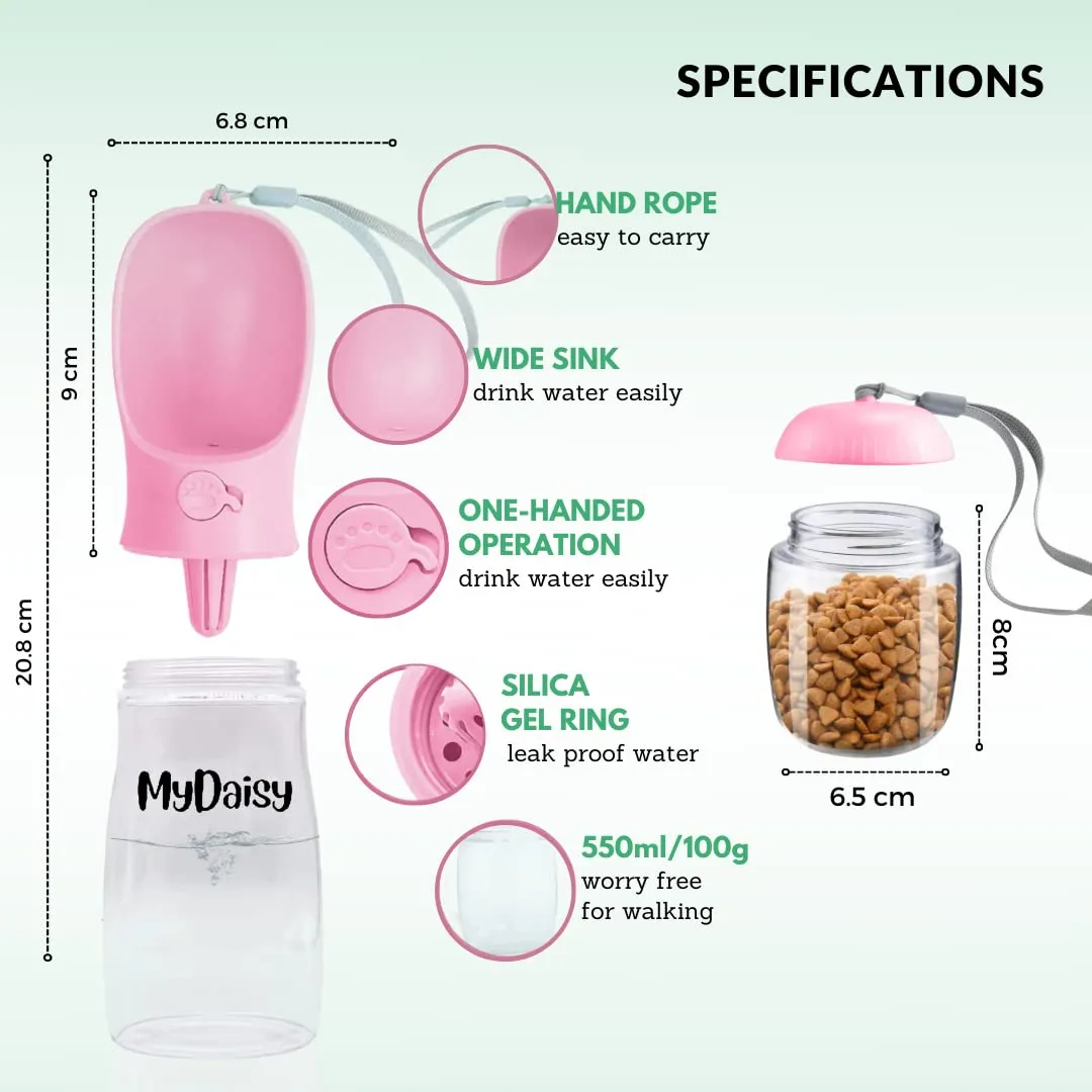 MYDAISY Borraccia per Cani da Viaggio, 550ml Acqua e 100g Cibo, Lavabile in Lavastoviglie, Rosa - immagine 2