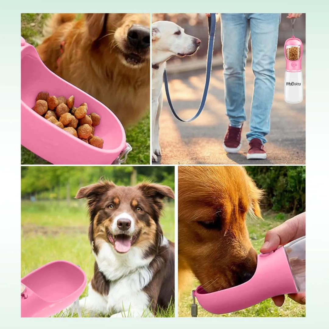 MYDAISY Borraccia per Cani da Viaggio, 550ml Acqua e 100g Cibo, Lavabile in Lavastoviglie, Rosa - immagine 3