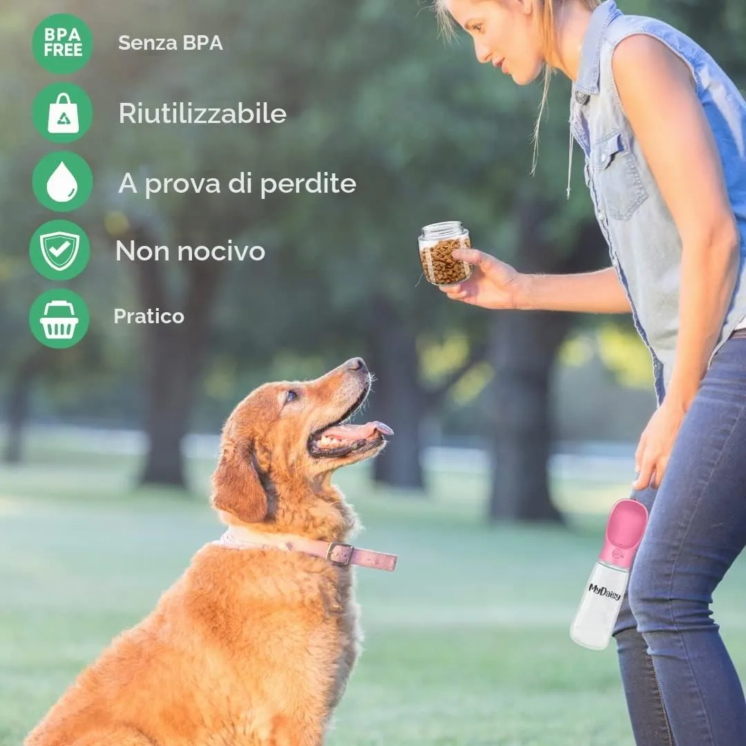 MYDAISY Borraccia per Cani da Viaggio, 550ml Acqua e 100g Cibo, Lavabile in Lavastoviglie, Rosa - immagine 4
