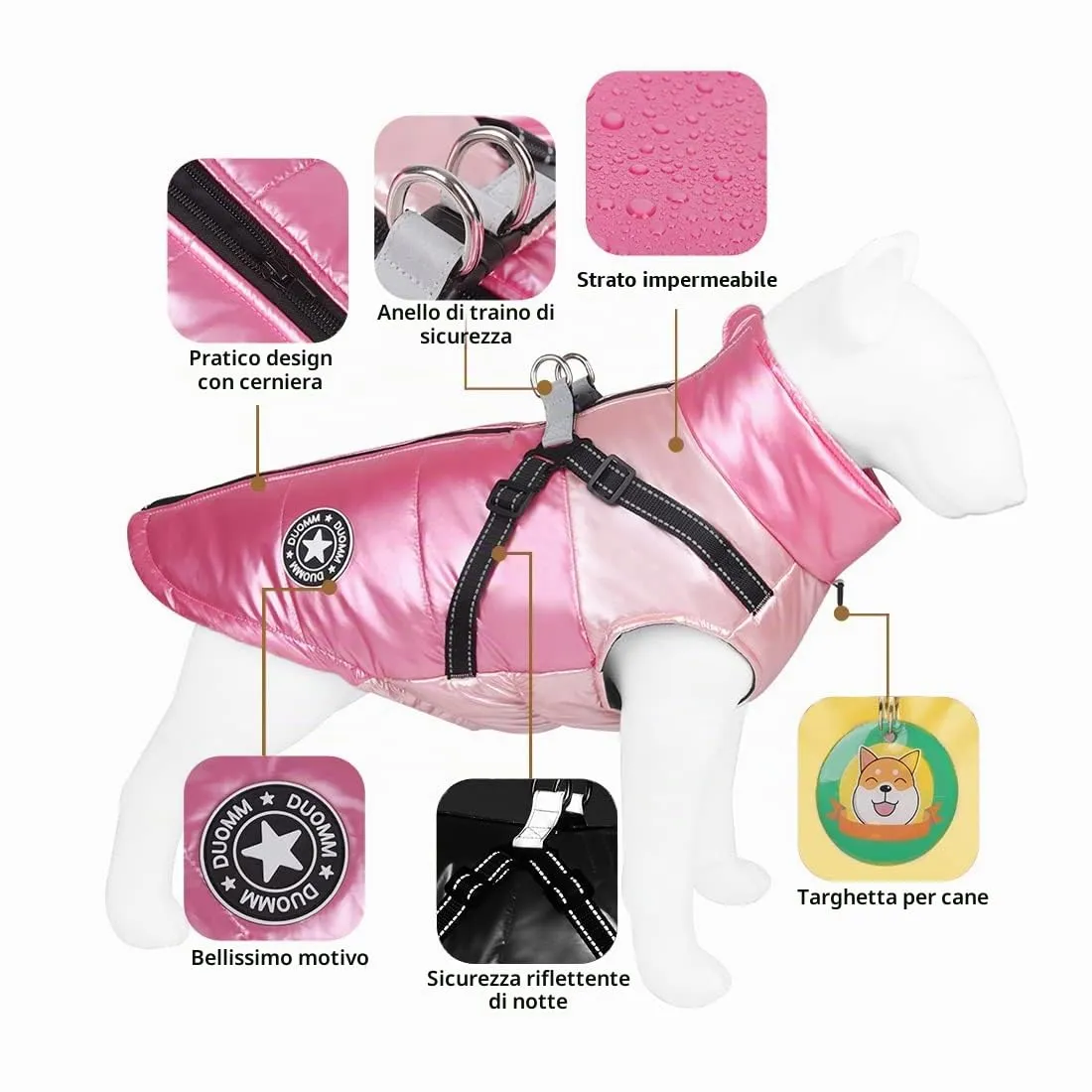 DoggieKit Cappotto Impermeabile e Riflettente per Cani e Gatti, Giacca in Cotone per Inverno, Taglia XL, Rosa - immagine 3