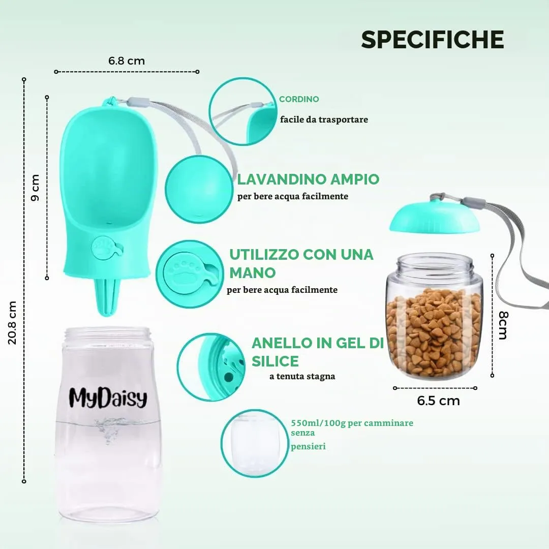 MYDAISY Borraccia per Cani Portatile da Viaggio, Capacità 550ml e 100g, Blu - immagine 2