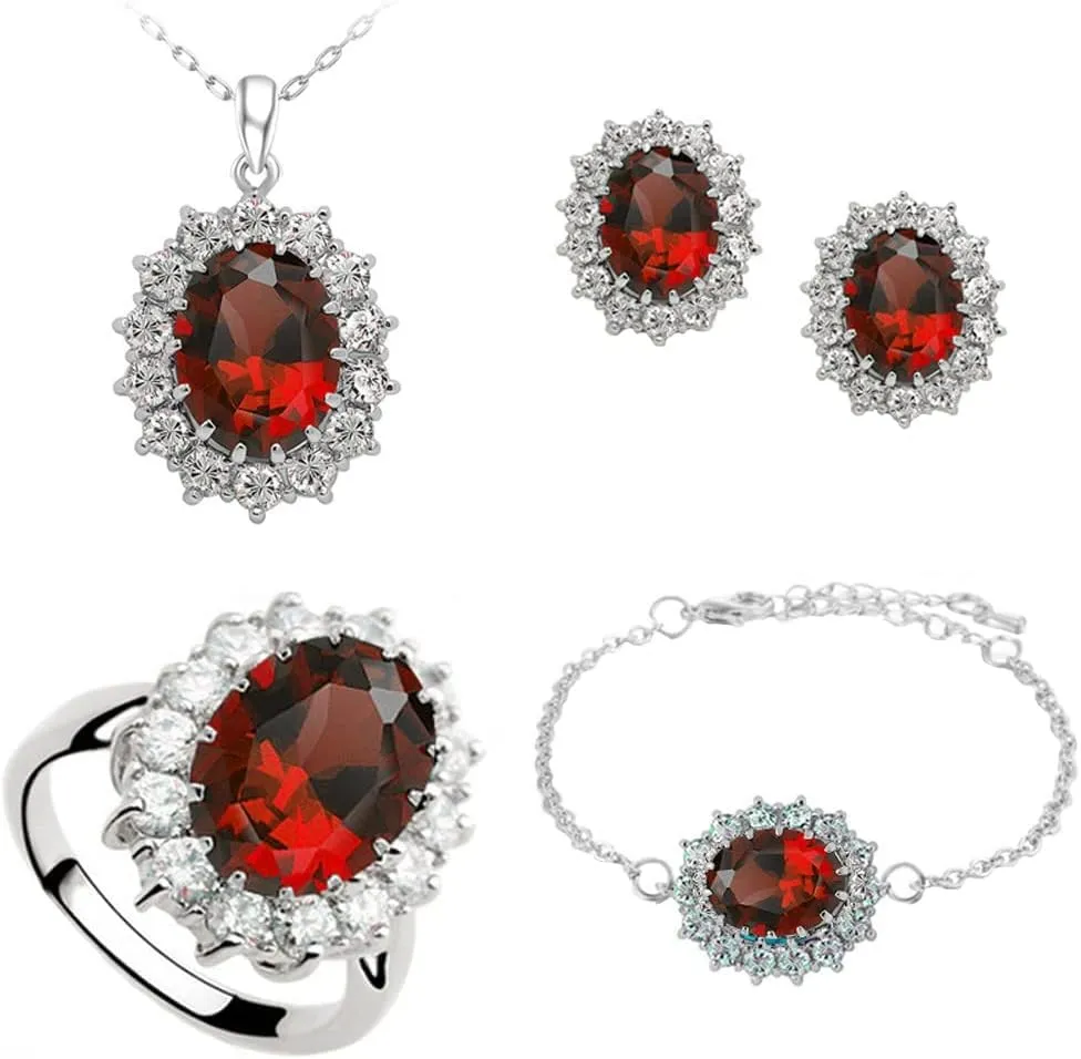 TOFBS Set di Gioielli con Zirconi Cubici per Donna e Ragazze, Collana, Orecchini, Bracciale e Anello (Rosso) - immagine 1