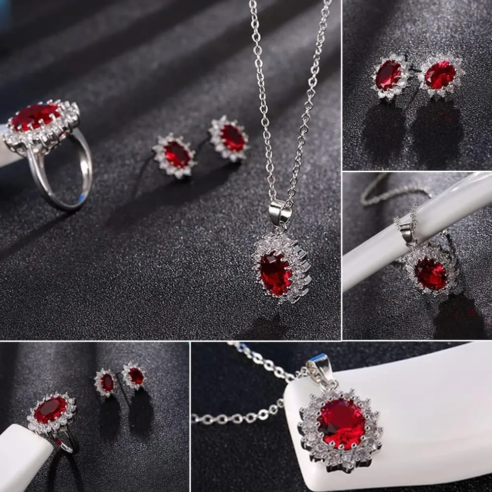 TOFBS Set di Gioielli con Zirconi Cubici per Donna e Ragazze, Collana, Orecchini, Bracciale e Anello (Rosso) - immagine 3