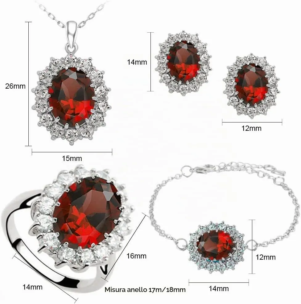 TOFBS Set di Gioielli con Zirconi Cubici per Donna e Ragazze, Collana, Orecchini, Bracciale e Anello (Rosso) - immagine 5