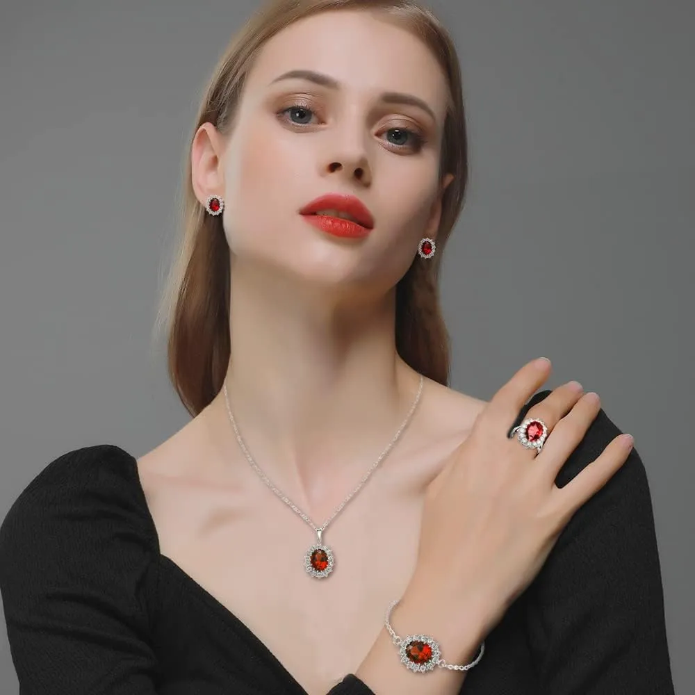 TOFBS Set di Gioielli con Zirconi Cubici per Donna e Ragazze, Collana, Orecchini, Bracciale e Anello (Rosso) - immagine 7